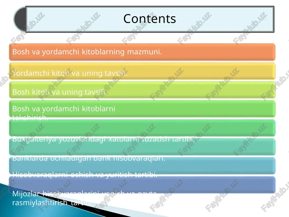 ng hisobi dastlab shaxsiy hisobvaraqlarda aks ettiriladi. kartochkalar kitoblar jurnallar shaxsiy hisobvaraqlarga yozuvlar faqat tegishlicha rasmiylashtirilgan boshlang‘ich hujjatlari asosida kiritiladi. shaxsiy hisobvaraqning nomi; chiqish shaklining raqami; shaxsiy hisobvaraqni chop etish tartib raqami (ya’ni kompyuter qo‘ygan raqam); shaxsiy hisobvaraqni tuzgan bank kodi va nomi; shaxsiy hisobvaraqning raqami va uning nomi; 🞂 hisobvaraqqa xizmat ko‘rsatuvchi buxgalterning raqami, uning familiyasi, ismi, otasining ismi; ishlov berish sanasi; hisobvaraqdagi so‘nggi harakat sanasi; kun boshidagi qoldiq summasi; kun oxiridagi qoldiq summasi; buxgalteriya yozuvlarining tartibi bo‘yicha raqami; hujjat turi; hujjat raqami; hujjat turi (toifasi); vakil bankning kodi va nomi; debet bo‘yicha aylanmalar summasi; kredit bo‘yicha aylanmalar summasi; debet bo‘yicha aylanmaning umumiy summasi; kredit bo‘yicha aylanmaning umumiy summasi. korrespondensiyalanuvchi hisobvaraq raqami va nomi; to‘lovning maqsadi. shaxsiy hisobvaraq quyidagi rekvizitlardan iborat: shartli raqam belgilari (shifrlar) shartli raqam belgilari (shifrlar) nomi 01 to‘lov topshiriqnomasi 02 to‘lov talabnomasi 03 kassa hujjatlari 05 akkreditiv uchun ariza 06 memorial order 08 xatoliklarni tuzatuvchi …