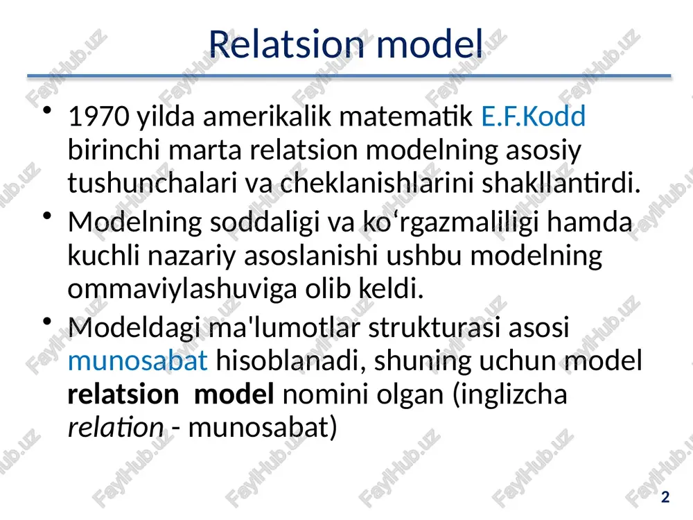 del: sxemalar ikki munosabatning sxemalari ekvivalent munosanatlar deb ataladi, agar ular bir xil darajaga ega va sxemalardagi atribut nomlari, solishtiriadigan (bir xil domenning) atributlari bir xil joylarda joylashtirish mumkin bo'lsa. mb sxemasi - bu munosabatlarning nomlangan sxemalari to'plami. relatsion mb - bu mb sxemasidagi munosabat sxemalar nomlariga mos keladigan munosabatlar to'plami. 8 8 relatsion model: munosabat munosabatlar tanasi kortejlar to‘plamdan iborat har bir kortej quyidagi juftliklari to‘plamdan iborat munosabat – bu bir xil munosabat sxemasiga mos keladigan kortejlar to'plami kortejlar soni munosabatning kardinal soni yoki quvvati deyiladi 9 9 relatsion model: kalitlar kalit - bu qiymati kortejlarni bir qiymatli identifikatsiyalaydigan atribut. agar kortejlar faqat bir nechta atribut qiymatlarini birlashtirish orqali identifikatsiyaladigan bo‘lsa, u holda munosabat tarkibli kalit ega bo‘ladi kalitlardan biri har doim birlamchi (primary key) deb e'lon qilinadi, uning qiymatlarini yangilab bo'lmaydi 10 10 relatsion munosabat: kalitlar kalitlarning asosiy xossalari: nodirlik qiymatlarning mavjudligi (not null) qo'shimcha xossalari: ixchamlik barqarorlik …