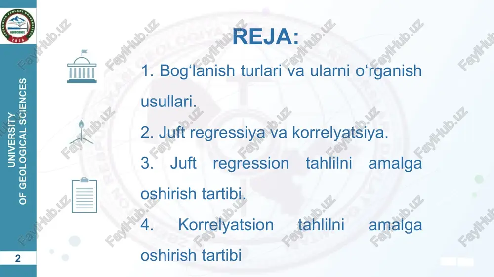 ological sciences to‘g‘ri teskari to‘g‘ri chiziqli egri chiziqli ko‘p omilli bir omilli •bog‘lanish turlari •harakat yo‘nalishi bo‘yicha •analitik ifodalanishi bo‘yicha •omillar soni bo‘yicha 7 university of geological sciences bog‘lanish mavjudligini o‘rganish usullari balans usuli; grafik usuli; paralel qatorlarni tuzish va taqqoslash; korrelyatsion-regression tahlil 8 university of geological sciences korrelyatsion-regression tahlil vazifalari omil va natijaviy belgilar o‘rtasidagi bog‘lanish zichligini o‘lchash. bu vazifa korrelyatsion nisbat, korrelyatsion nisbat ko‘rsatkichlarini hisoblash yo‘li bilan hal etiladi. omil belgi miqdori bilan natijaviy belgining o‘rtacha miqdori o‘rtasidagi bog‘liqni ifodalovchi regressiya tenglamasi parametrlarini baholash. bu vazifa regressiya tenglamasi parametrlarini hisoblash orqali hal etiladi. 3. natijaviy belgiga taʼsir etuvchi muhim omillarni aniqlash. bu vazifa natijaga omil belgilarining bog‘lanish zichligini baholash yo‘li bilan hal etiladi. 4. keltirilgan omil belgilar miqdorlarida natijaviy belgi miqdorlarining imkoniy miqdorlarini bashoratlashni amalga oshirish. bu vazifa regressiya tenglamasida omillarning kutilgan miqdorlarini keltirish va natijalarning prognoz miqdorlarini hisoblash yo‘li bilan bajariladi. 9 university of geological sciences 10 …
