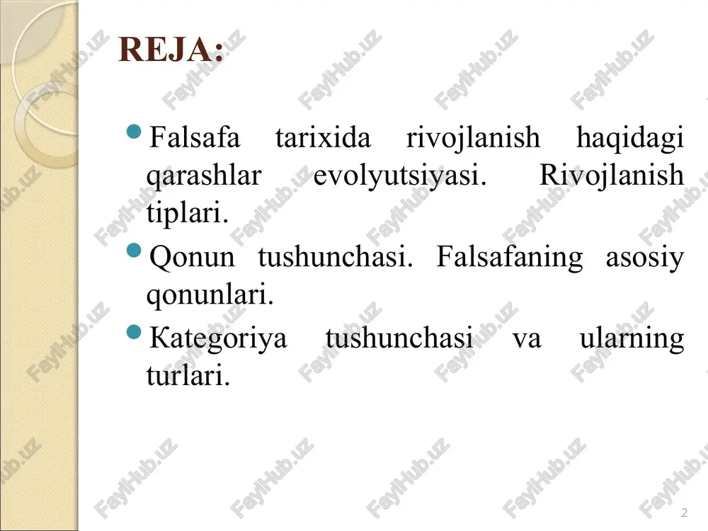 lan: kun va tun, issiq va sovuq va x.k.). qarama-qarshiliklar birligi va kurashi qonuni – barcha borliqning harakatlanishi va rivojlanishining ichki manbai. gegelning qarama-qarshiliklar birligi vap kurashi qonuniga alohida yondashuvi har bir jism, xodisa ikkita asosiy sifatga ega – ayniylik va farqlar ayniylik – ma'nosi jism (xodisa, g'oya) o'z o'ziga teng, ya'ni shu jism aynan shu jism. ayni damda, jismning o'ziga aynan jismda jismdan tashqariga chiqishga, uni buzishga intiluvchi nimadir mavjud. qarama-qarshilik, yagona ayniylik va farq o'rtasidagi kurash jismning o'zgarishga olib keladi (o'z o'zini o'zgartirish) – harakat. masalan: o'ziga aynan jamiyat mavjud, ammo unda shu jamiyat tor keluvchi kuchlar mavjud; ularning kurashi jamiyat sifatining o'zgarishiga, uning yangilanishiga olib keladi. kurashning turli ko'rinishlari ikkala tomonga foyda keltiruvchi kurash (misol uchun, musobaqa, unda har bir tomon boshqasiga etib oladi va rivojlanishning yangi sifat bosqichiga o'tadi); bir tomon doimiy ravishda ikkinchi tomon ustidan g'alaba qozonuvchi kurash, ammo yutqazgan taraf saqlanib qoladi va yutgan …