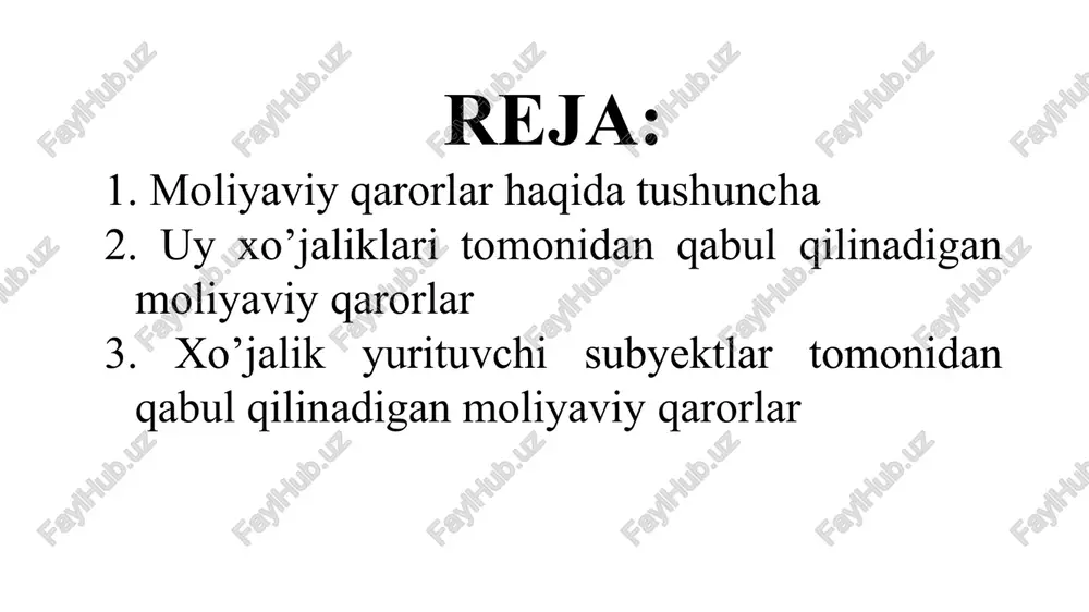 qolar ekan, bank va moliya tizimida moliyaviy mustaqillikka erishishda mijozlarni maqbul qarorlar qabul qilishga undash yoki yordam berish zarurati tugʻiladi. chunki, hozirgi shiddatli oʻzgarishlar shuni koʻrsatmoqdaki, yaqin kelajakda raqobatga bardosh berish uchun barcha ishlab chiqaruvchi va xizmat ko῾rsatuvchi korxonalar oʻz mijozlari aslida kimligi va ularning xulq-atvorini yetarlicha baholashi talab etiladi. moliyaviy qarorlar ma’lum bir shaxs, uy xo’jaligi (oila) va xo’jalik yurituvchi subyektlar ya’ni firma va korxonalar tomonidan qabul qilinadi. quyida qabul qilinadigan moliyaviy qarorlarga batafsil to’xtalamiz. 2. uy xo’jaliklari tomonidan qabul qilinadigan moliyaviy qarorlar amaliyotda uy xo‘jaliklari tomonidan, odatda, 4 xil moliyaviy qarorlar qabul qilinishiga to‘g‘ri keladi. ularni quyidagi guruhlarga ajratish mumkin: pul mablag‘larini iste’mol qilish va jamg‘arish to‘g‘risidagi qarorlar. oila boyligining qaysi qismini iste’molchilik ehtiyojlariga sarflash mumkin? joriy daromadning qaysi qismini kelajakda sarflash uchun saqlab qo‘yish va jamg‘arib borish kerak? 2. investitsiyalar bilan bog‘liq bo‘lgan (investitsion) qarorlar. mavjud jamg‘armalarni qaysi aktivlarga yo‘naltirish kerak? 3. moliyalashtirish to‘g‘risidagi qarorlar. uy xo‘jaligi …