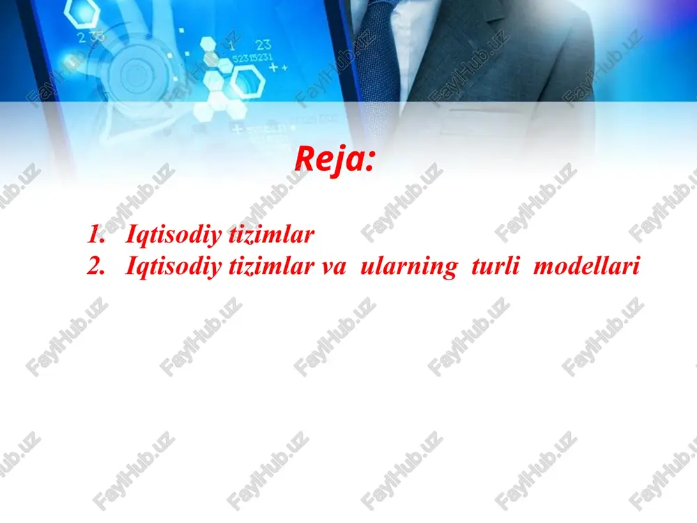 rksizmga koʻra: -ibtidoiy-jamoa. - quldorlik. -feodalizm. - kapitalizm. - kommunizm kabi iqtisodiy tizimlar bor, ularning biri-ikkinchisiga oʻrin boʻshatib beradi, ular ketma-ket oʻrin almashadi, eng mukammal va soʻnggi iqtisodiy tizim kommunizm deb ataladi. iqtisodiy tizimlarga texnologik va ishlab chiqarishning harakteri, ishlab chiqarishning industriyalashuvi jihatidan qaralgan va baho berilgan. iqtisodiy tizim bu umumiy iqtisodiy tuzilmani tashkil etuvchi o'zaro bog'liq elementlarning to'plamidir. iqtisodiy tizimlar va ularning turlari jamiyat taraqqiyotining barcha bosqichlarida amal qiladigan xo’jalik yuritishning iqtisodiy va ijtimoiy tuzilishi birgalikda iqtisodiy tizimni tashkil qiladi. iqtisodiy tuzilmalarning 4 turini ajratish odatiy holdir 1. an'anaviy iqtisodiyot; 2. buyruqbozlik iqtisodiyoti; 3. bozor iqtisodiyoti; 4. aralash iqtisodiyot. a‘anaviy iqtisodiyot - barcha mamlakatlar uchun xos bo’lib, unda natural yoki mayda tovar xo’jaligi xukmronlik qilgan. texnika taraqqiyoti va uning yangiliklarini joriy qilish cheklangan bo’lgan. ma‘muriy-bo’yruqbozlik iqtisodiyoti - bu bozor iqtisodiyotiga qarama-qarshi bo’lgan tizim bo’lib, bu tizimda davlat mulkchiligi hukmron bo’ladi va iqtisodiyot markazdan boshqariladi. anʼanaviy iqtisodiy tizim belgilari: -qoʻl …
