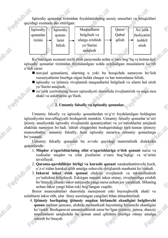 dan ularni o‘rganish bilan bog‘liq. qonunlar qanchalik chuqur o‘rganilsa, ulardan amalda to‘g‘ri foydalanish imkoniyatlari ortadi. lekin boshqaruv qonunlarini bilish ularni aniq amaliyotda muvaffaqiyatli qo‘llash uchun kafolat bo‘lolmaydi. qonunlarni bilishda nazariya amaliyotdan ajralib qolishi foydasizdir. demak, qonunlardan foydalanish ularni bilish, tushunish, amalda o‘z vaqtida va to‘g‘ri qo‘llay olishga bog‘liq ekan. bu boshqaruv samaradorligini oshirishda hal qiluvchi omildir. iqtisodiy qonunlar tizimidan foydalanishning asosiy unsurlari va bosqichlari quyidagi sxemada aks ettirilgan: iqtisodiy qonunlar tizimi iqtisodiy qonun-larni bilish maqsadlarni belgilash va ularga erishish yo’llarini aniqlash qaror qabul qilish xo’jalik faoliyatini tashkil etish ko‘rsatilgan sxemani taxlil etish jarayonida uchta o‘zaro bog‘liq va ketma-ket, iqtisodiy qonunlar tizimidan foydalanilgan xolda echiladigan masalalarni ko‘rib o‘tish zarur: · mavjud qonunlarni, ularning u yoki bu bosqichda namoyon bo‘lish xususiyatlarini hisobga olgan holda chuqur va har tomonlama bilish; · iqtisodiy va ijtimoiy rivojlanish maqsadlarini belgilash va ularni hal etish yo‘llarini aniqlash; · xo‘jalik yuritishning bozor iqtisodiyoti sharoitida rivojlantirish va unga mos …