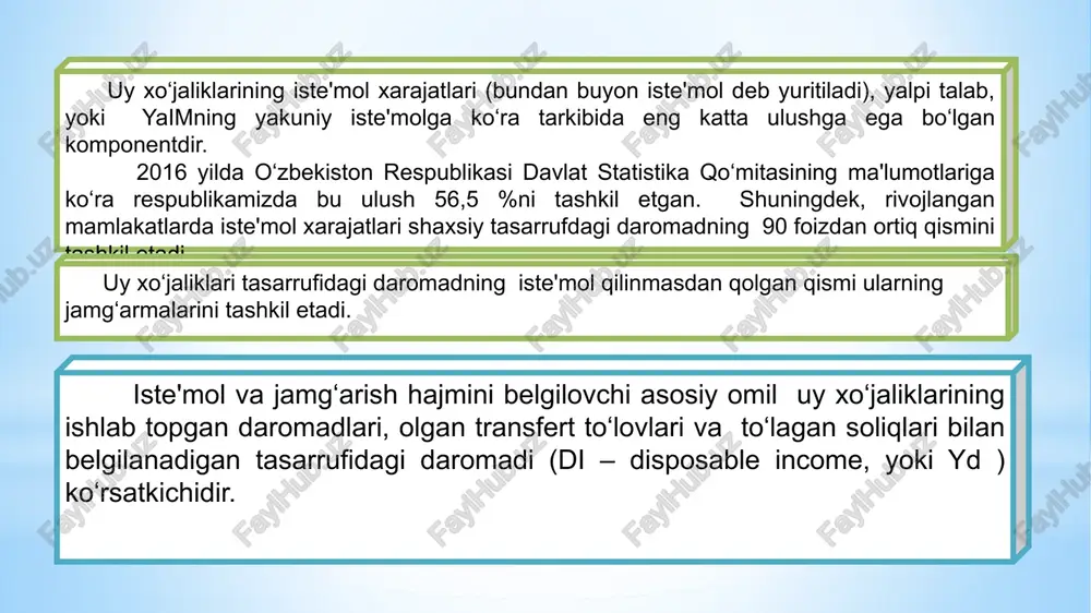hi iste'molga chegaralangan moyillik deyiladi. δ s mpc = -----------100 δ yd bu yerda: mpc (marginal propensity to consume) – iste'molga chegaralangan moyillik. jamg‘arishdagi o‘zgarishning ixtiyordagi daromad o‘zgarishdagi ulushi jamg‘arishga chegaralangan moyillik deyiladi. δ s mrs = ------------100 δ yd bu yerda: mps (marginal propensity to saving) – jamg‘arishga o‘rtacha moyillik. mpc + mps = 1 investitsiyalar yoki kapital qo‘yilmalar – bu, hali buyumlashmagan, lekin ishlab chiqarish vositalariga qo‘yilgan kapitaldir. o‘zining moliyaviy shakliga ko‘ra, ular foyda olish maqsadida xo‘jalik faoliyatiga qo‘yilgan aktivlar hisoblansa, iqtisodiy mohiyatiga ko‘ra investitsiyalar yangi korxonalar qurish, o‘zoq muddat xizmat ko‘rsatuvchi mashina va asbob-uskunalarni yakuniy sotib olishga hamda shu bilan bog‘liq bo‘lgan aylanma kapitalning o‘zgarishiga ketgan xarajatlardir. investitsiya-lar ishlab chiqarishga investitsiyalar tovar-moddiy zaxiralariga investitsiyalar uy-joy qurilishiga investitsiyalar avtonom invstitsiya funktsiyasi quyidagi ko‘rinishga ega: i = ye - dr bu yerda: i – avtonom investitsiya xarajatlari; e – foiz stavkasi 0 ga teng to‘lgandagi investitsiya xarajatlarining maksimal hajmi. …
