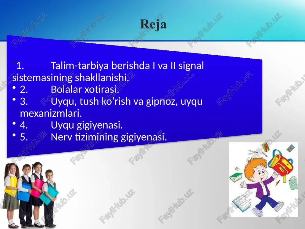 ziga ishon - maydi, o'zini ehtiyot qila - di,tushkunlik- ka tushmaydi o'ziga umuman ishonmaydi, tanqidiy yondashadi, omadga ishon maydi do'stlik va muhabbatning temperamentga bevosita bog'liqligi flegmatik xolerik melanxolik sangvinik xar kim bilan do'stlashmaydi, o'rtog'iga xukmron, qattiq rashkka va g'azabga moyil muhabbatini en gil, yorqin va xushchaqchaqlikda qabul qiladi yorqin xissiyotlar- ni ifodalashga moyil emas, suh - batdoshiga nisba- tan bosiq, tez se- vib qoluvchi, qat- tiq bog'lanmaydi vafodor, yo'ldoshiga tobe, uyatchang, bir muhabbatli harakat va qadam sangvinik xolerik flegmatik melanxolik intiluvchan, tez, toqatsiz harakatchan, chaqqon, «o'tirolmaydi sekin xarakat, vazmin, xotirjam sudralgan, qaror qabul qila olmaydi ishtaha sangvinik xolerik flegmatik melanxolik yaxshi ko'p va tez eydi kamtomoq rejim bilan, shoshmasdan xotirjam eydi tush sangvinik xolerik flegmatik melanxolik tushlari rang- barang kam uxlaydi, kech uyg'onadi, kechasi ishlaydi kam uxlaydi, tez charchaydi va uyquga tortadi oson uxlaydi, uyg'otish qiyin ta’lim gigiyenasi o'qituvchiga bolalarning kamroq kuch sarf qilgani holda yuqori o'zlashtirishga erishuviga yordam berishga …