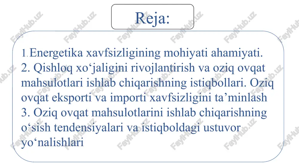 a, axolining ijtimoiy guruhlari darajasida birlashgan millatlar tashkiloti doirasida oziq-ovqat va qishloq xo’jaligi masalalari bilan shug’ullanuvchi xalqaro tashkilot tuzishga harakat boshlandi. 1943-yilning 18-maydan 3-iyungacha bo’lgan vaqt oralig’ida aqshning xot-springs shahrida dunyoning 46 mamlakatlari vakillari ishtirokida oziq-ovqat va qishloq xo’jaligi masalalari bo’yicha xalqaro tashkilot tuzish bo’yicha konferensiya tashkil etilgan.konferensiyada davlatlarga milliy qishloq xo’jaligini rivojlantirish va qishloq xo’jaligi oziq-ovqat mahsulotlariga bojxona bojlarini pasaytirish bo’yicha tavsiyalar ishlab chiqildi. mamlakat mintaqalarining oziq-ovqat xavfsizligi quyidagi mezon va ko’rsatkichlar bilan baholanadi: oziq-ovqatga jismoniy erishish. oziq-ovqatga iqtisodiy erishish sifat koeffitsiyenti mavsumiy zahiralarning miqdori oziq-ovqatning kaloriyasi darajasi o’zbekiston respublikasi vazirlar mahkamasining ―2019-2024-yillarda mamlakatda oziq-ovqat xavfsizligini ta‘minlash milliy dasturini tasdiqlash to’g’risidagi qarori bilan tasdiqlangan ―2019-2024-yillarda mamlakatda oziq ovqat xavfsizligini ta‘minlash milliy dasturida oziq-ovqat xavfsizligi 10 xil turdagi oziq-ovqat mahsulotlari (don, sut, go’sht, shakar, o’simlik yog’i, kartoshka, sabzavot, meva, tuxum va baliq) guruhi bilan belgilanadi. chuchuk suv, oʻrmonlar, biologik xilma-xillik keskin surʼatlarda kamayib bormoqda. tuproq unumdorligi pasayib, yerlarning meliorativ holati …