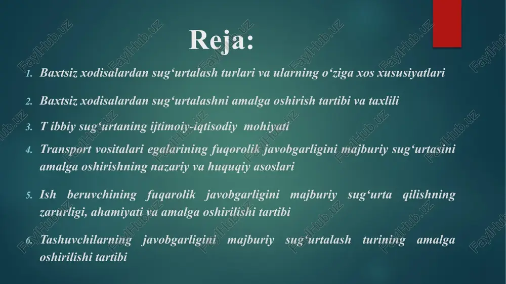 rli o‘simlik ta’sirida zararlanishi; tish sinishi. quyidagi hodisalarni ro‘y berishi oqibatida sug‘urtalangan shaxsning hayoti va sog‘lig‘iga shikast etkazilsa yoxud o‘limga olib kelsa sug‘urta summasi to‘lanmaydi: yadro portlashi; radiatsiya va nurlanish; sug‘urtalangan shaxsning atayin hatti-harakati natijasida baxtsiz hodisalar yuz berganda, o‘z joniga qasd qilganda va jinoiy harakatlar natijasida ro‘y berishi. fuqarolarni baxtsiz hodisalardan sug‘urtalashda sug‘urta summasi tomonlar kelishuviga asosan ixtiyoriy tarzda belgilanadi. bunda sug‘urta summasini belgilashning ikki xil usulini ko‘rish mumkin. biri – individual, ikkinchisi jamoa sug‘urtasi. agar sug‘urtalanuvchi bir necha kishilarga nisbatan sug‘urta shartnomasi tuzadigan bo‘lsa, umumiy sug‘urta summasi bitta sug‘urtalangan shaxsning sug‘urtalanishi kerak bo‘lgan kishilar soniga ko‘paytirilishi yo‘li bilan aniqlanadi 2.baxtsiz xodisalardan sug‘urtalashni amalga oshirish tartibi va taxlili bazaviy sug‘urta tariflari sug‘urtalovchi tmonidan mustaqil ishlab chiqiladi. alohida holatlarda sug‘urta mukofotining miqdorini aniqlashda sug‘urtalovchi bazaviy sug‘urta tariflariga nisbatan xatarning xususiy xorsslaridan kelib chiqqan holda ko‘tariluvchi va pasayuvchi koeffitsientlardan foydalnishga haqli.bir yildan ortiq bo‘lmagan muddatga tuzilgan sug‘urta shartnomari bo‘yicha sug‘urta mukofoti …