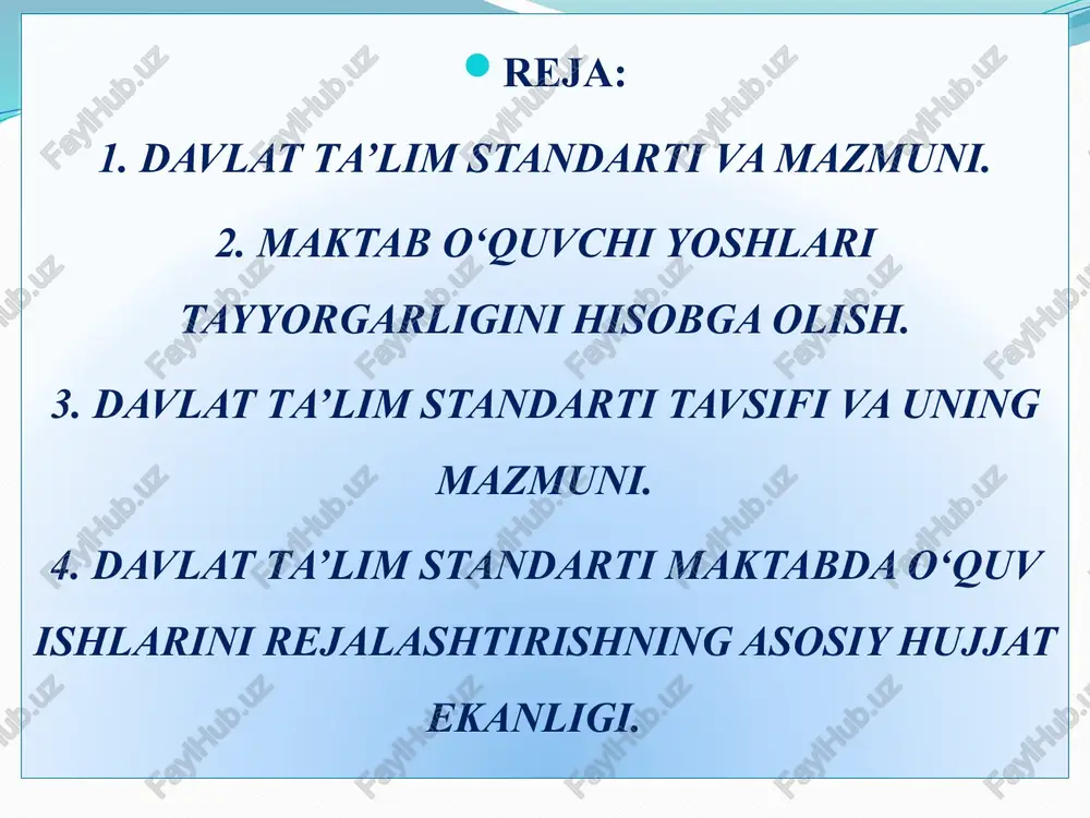 ganilgan bilim va shakllangan ko‘nikmalarni notanish vaziyatlarda qo‘llay olish va yangi bilimlar hosil qilish mavjud bilim, ko‘nikma va malakalarni kundalik faoliyatda qo‘llay olish qobiliyati baholash tizimi davlat ta’lim standarti bo‘yicha umumiy o‘rta ta’limning malaka talablarini o‘quvchilar tomonidan o‘zlashtirilishi darajasini hamda umumiy o‘rta ta’lim muassasasining faoliyati samaradorligini aniqlaydigan mezonlar majmuidan iborat malaka talablari. umumiy o‘rta ta’lim muassasalarida jismoniy tarbiya fanini o‘rganish bosqichlari ta’lim bosqichi bitiruvchilar standart darajalari daraja nomlanishi umumiy o‘rta ta’lim umumiy o‘rta ta’lim maktablarining boshlang‘ich 4-sinf bitiruvchilari a1 jismoniy tarbiya fanini o‘rganishning boshlang‘ich darajasi umumiy o‘rta ta’lim maktablarining 9-sinf bitiruvchilari a2 jismoniy tarbiya faninio‘rganishning tayanch darajasi umumiy o‘rta ta’limi muassasalarida jismoniy tarbiya o‘quv fanini o‘qitishning asosiy maqsadi o’quvchilarni jismonan baquvvat, epchil, sog‘lom qilib tarbiyalash, inson salomatligi to‘g‘risidagi bilimlarini rivojlantirish, jismoniy tarbiya fanidan egallagan bilimlarini hayotda qo‘llay olish layoqatini shakllantirishdan iborat umumiy o‘rta ta’limi muassasalarida jismoniy tarbiya o‘quv fanini o‘qitishning asosiy vazifalari sog‘lomlashtiruv-chi mashqlarni bajarishni tushunish va qo‘llay olish jismoniy …