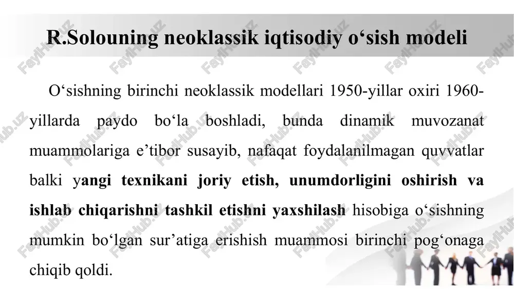 ‘yichatanqid qilishdi ikkinchidan, ular kapital koeffitsiyenti s ning o‘zgarmasligidan kelib chiqqan. neoklassik modellar esa 2 xil ishlab chiqarish omillari (kapital va mehnat) ni hisobga olib va ulaming o‘zaro almashinuvini inobatga olib bu koeffitsiyent o‘zgarishi mumkinligini ta’kidlaydilar. neoklassik maktab nazariyotchilari o‘sishning keynschilik nazariyalarini 3 ta punkt bo‘yichatanqid qilishdi uchinchidan ular bozor mexanizmining avtomatik ravishda muvozanatni tiklay olish qobiliyatini to‘g‘ri baholashmagan. neokeynschilardan farqli ravishda ular faqat raqobatli bozor iqtisodiyoti iqtisodiy o‘sishning muvozanatliligini ta’minlay oladi deb hisoblashgan.raqobat mexanizmidan tashqari bunday shartlaridan biri bo‘lib neoklassiklarda qat’iy pul tizimi hisoblanadi. solow model formulasi 𝑌=a*k𝛼-l1-𝛼 y-umumiy ishlab chiqarish hajmi (yoki yaim) a-texnologiya yoki umumiy omil unumdorligi k-kapital zaxirasi l-ishchi kuchi α-kapitalning ishlab chiqarish egiluvchanligi bo'lib, u kapitalga tegishli daromad ulushini ifodalaydi kapita to’planishi formulasi ∆k=sy-δk buyerda: ∆k-kapital zaxirasining o’zgarishi s-tejash darajasi δ-kapitalning eskirish darajasi. barqaror holat sharti (kapital va ishlab chiqarish vaqt o‘tishi bilan barqaror bo‘lganda): ∆k=0 ⇒ ∆k/k ⇒ sy=δk iqtisodiy o‘sishda j. mid modeli …