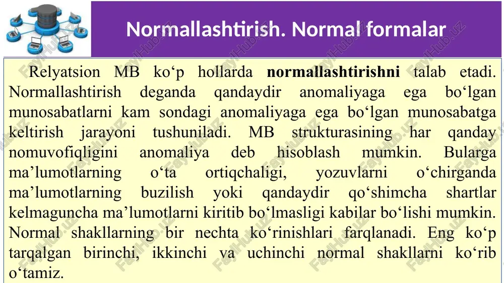 shkilot rahbari u yoki bu shaharda yashaydigan tashkilot xodimlari ro‘yxatini olishni xoxlaydi. keltirilgan jadvalda «uy manzili» maydoni mavjud. undan «shahar» qiymatini alohida maydonga ajratib olish lozim. so‘ngra «fish» maydonini uni tashkil etuvchi «familiya», «ism», «sharifi» maydonlariga ajratib olamiz. shunday qilib birinchi normal shaklga kelgan normallashgan jadvalni hosil qilamiz. 6 birinchi normal shakl 7 ikkinchi normal shakl ikkinchi normal shakl jadvalning barcha kalit bo‘lmagan maydonlari(atributlar) birlamchi kalitdan bog‘liq bo‘lishini talab etadi, ya’ni birlamchi kalit yozuvni bir ma’noli aniqlasin va ortiqcha bo‘lmasin. birlamichi kalitning faqat ma’lum qismidan bog‘liq bo‘lgan maydonlar alohida jadval tarkibiga ajratilishi lozim. shuningdek munosabat birinchi normal shaklni qanoatlantirishi lozim. 8 ikkinchi normal shakl oldingi misoldagi jadvalni ikkinchi normal shaklga keltirishni davom ettirish mumkin. dastlab birlamchi kalit tarkibiga kiruvchi maydonlarni ajratish talab etiladi. familiya, ismi, sharifi va lavozimi umumiy holda muayyan xodimni bir ma’noli identifikatsiya qiladi. ularni birlamchi kalitga ajratish mumkin. hosil bo‘lgan jadvalni 3-rasmda ko‘rish mumkin. 9 ikkinchi normal …