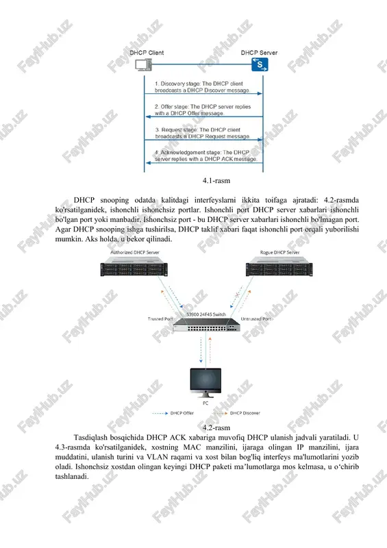 iga ega dhcp paketi keladi. dhcp snooping qanday ishlashini aniqlash uchun biz dhcp ning ish mexanizmini qo'lga olishimiz kerak, ya'ni dynamic host configuration protocol. dhcp yoqilgan bo'lsa, ip-manzilga ega bo'lmagan tarmoq qurilmasi dhcp serveri bilan quyidagi 4 bosqichda "o'zaro aloqada bo'ladi". dhcp snoopingni ishga turshirsh. dhcp snooping faqat simli foydalanuvchilar uchun amal qiladi. kirish qatlami xavfsizligi xususiyati sifatida u asosan dhcp tomonidan xizmat ko'rsatadigan vlan kirish portlarini o'z ichiga olgan har qanday kalitda yoqiladi. dhcp snooping-ni o'rnatishda siz himoya qilmoqchi bo'lgan vlan-da dhcp snooping-ni yoqishdan oldin ishonchli portlarni (haqiqiy dhcp server xabarlari o'tadigan portlar) sozlashingiz kerak. buni cli interfeysida ham, veb-interfeysda ham amalga oshirish mumkin. cli buyruqlari fs s3900 seriyali kalitlarda dhcp snooping konfiguratsiyasida taqdim etiladi. 4.1-rasm dhcp snooping odatda kalitdagi interfeyslarni ikkita toifaga ajratadi: 4.2-rasmda ko'rsatilganidek, ishonchli ishonchsiz portlar. ishonchli port dhcp server xabarlari ishonchli bo'lgan port yoki manbadir. ishonchsiz port - bu dhcp server xabarlari ishonchli bo'lmagan port. …