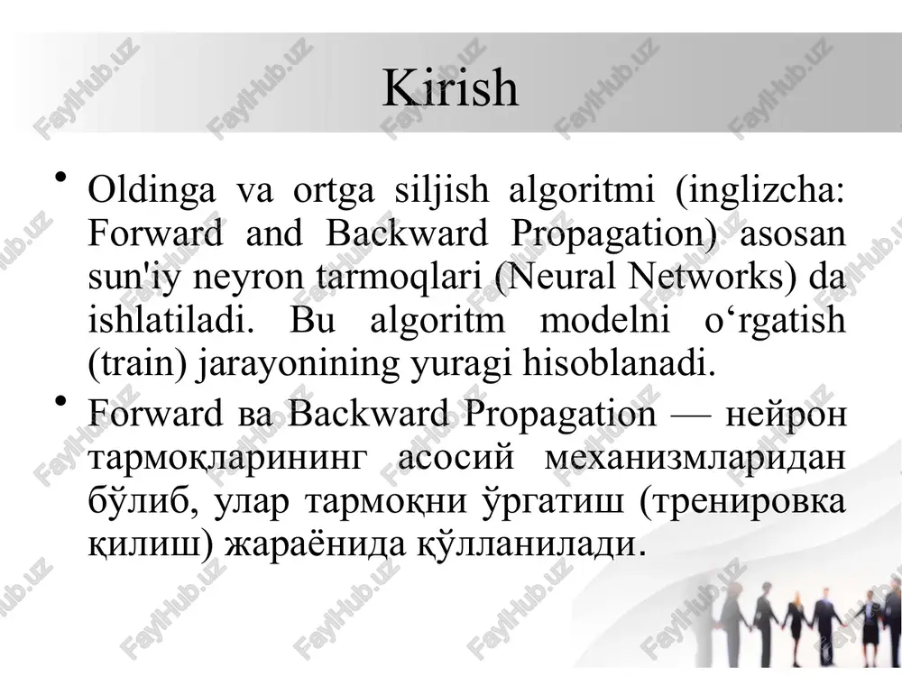 r bilan birga backpropagation yana markaziy o‘ringa qaytdi. oldinga siljish algoritmi oldinga siljish algoritmi neyron tarmoqning kirishidan boshlab chiqishiga qadar har bir qatlamdagi neyronlarning aktivatsiyalarini hisoblab chiqadi. asosiy tushunchalar: kiruvchi ma'lumot – x og‘irliklar – w siljitish (bias) – b neyron chiqishi (aktivatsiya) – a aktivatsiya funksiyasi – (sigmoid, relu, tanh, va h.k.) oldinga siljish algoritmining ishlash prinsipi bu bosqichda kirish ma’lumotlari neyron tarmoq orqali qatlamma-qatlam o‘tadi va chiqish (output) hosil qilinadi. ishlash prinsipi: 1.kirish (x) neyron tarmoqqa kiritiladi. 2.har bir qatlamda quyidagi formula orqali z hisoblanadi: z=w⋅x+b bu yerda: w — og‘irliklar (weights), b — siljish (bias), x — avvalgi qatlamning chiqishi. oldinga siljish algoritmining ishlash prinsipi 3.so‘ngra aktivatsiya funksiyasi (σ) ishlatiladi: a=σ(z) masalan: sigmoid, relu, tanh va boshqalar. 4.oxirgi qatlamda bashorat (ŷ) olinadi. misollar yuz tanish (face recognition) vaziyat: tasavvur qiling, smartfoningizda yuz tanish orqali ekranni ochish funktsiyasi bor. siz telefonga qarab turgan paytda, neyron tarmoq sizning yuzingizni …