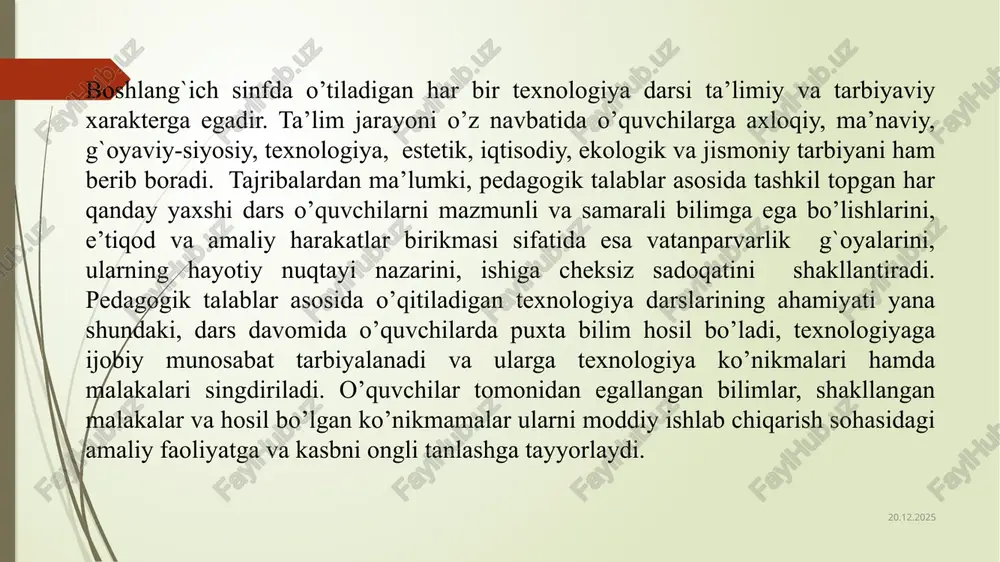 ndividual yangi ishlanmalarini rag’batlantirish; 4) sinflar kesimida o’quvchilarning mehnat va texnologik ta‟lim bo„yicha faolligini rivojlantirib borish. bunday yondashuv boshlang’ich sinf o„quvchilari uchun qiziqarli va amaliy samarali hisoblanadi. texnologiya darsining xususiyatli tomonlaridan biri shundaki, o’qitish vazifasi faqat uyg’un birlikdan tashkil topgan ta’limni emas, balki mazkur sinfni, umuman har bir o’quvchining alohida xususiyatlarini nazarda tutuvchi eng yuqori aniqlilik ham bo’lishi kerak. ma’lumki, boshlang`ich sinfda ta’lim oluvchi o’quvchilar yosh xususiyati, idrok etish qobiliyati, xotiralashi, texnologiya sohasida tayyorgarliklari, tengdoshlari bilan munosabati, qiziqishlarining har xilligi, xatti-harakatidagi madaniyat shakllari, tartib-intizomiga ko’ra bir-birlaridan farqlanadilar. shu bois, har bir dars tuzilishi o’quv materialining maqsadi va mazmuni, o’quv faoliyatining tashkil etilishiga qarab aniqlanadi. zamonaviy texnologiya darslari mazmuni, o’quv faoliyatini tashkil etish usul va shakllari qanday talablarga javob berishi kerak? bu borada ta’kidlash joiz, texnologiya darslari mazmuniga qo’yiladigan eng muhim talab - o`quvchilar faolligini oshirish maqsadiga qaratilgan bo’lishi kerak. talabning bunday qo’yilishi o’quv jarayoni davomida o’quvchilarning bilish imkoniyatlarini rivojlantirish imkonini …