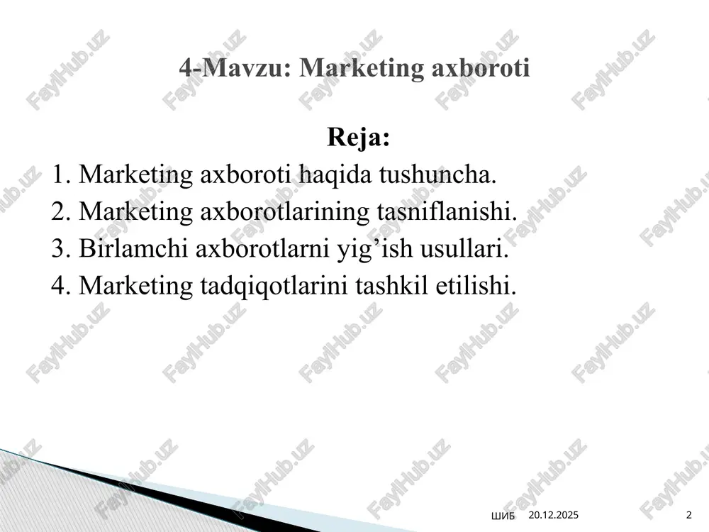 ra: - ichki marketing axborotlari; - tashqi marketing axborotlari. 2. hosil bo’lish davriga ko’ra: - ikkilamchi marketing axborotlari; - birlamchi marketing axborotlari. 3. barqarorligiga ko’ra: o’zgaruvchi marketing axborotlari; o’zgarmas marketing axborotlari. 12.02.2025 shib 6 4. ma’lumotlarni shakliga ko’ra: - matnli marketing axborotlari; - grafikli marketing axborotlari. birlamchi axborot — aniq marketing muammosini yechish uchun maxsus dala (bozor) tadqiqotlari va modellash asosida hozirgina olingan ma’lumotlar massivi; ikkilamchi axborot — qachonlardir korxonada tadqiq qilinayotgan aniq muammo yechimi bilan bog’liq bo’lmagan qandaydir maqsadlar uchun kimdir tomonidan to’plangan ma’lumotlar to’plami. 12.02.2025 shib 7 kuzatish analitik usul hisoblanadi. uning yordamida odamlarning xulq-atvorini va atrof-muhitni, odatda, haqiqiy holatlarda o’rganish va qayd etish mumkin. bunda odamlarni so’roqqa tutmaydilar, ularning hamkorligi shart emas. masalan, do’konda birorbir tovarning sotib olinishi miqdori yoki xaridorlar oqimining harakati kuzatiladi. iste’molchilarda ma’lum tovarlarning mavjudligini yozib olish qo’llaniladi. iste’molchilarning, masalan, reklamaga, yangi o’ramga, emosional ta’sirga reaksiyasini aniqlash uchun kuzatishning texnik vositalari (kamerako’z, tahistoskop va …