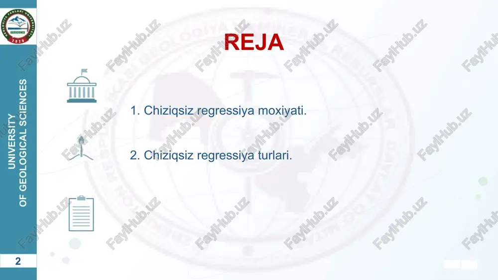 oslash zaruriyati tug`ilganida model asosida aniqlangan miqdoriy analitik natijalarni qiyoslash haqida savol tug`ilishi mumkin. stoxastik tahlilda modelning o`zi empirik ma’lumotlar to`plami asosida tuzilgani uchun, haqiqiy modelni hosil qilishning asosi bo`lib barcha dastlabki kuzatishlar bo`yicha bog`lanishlarning miqdoriy xarakteristikalarini mos kelishi hisoblanadi. 6 university of geological sciences regression stoxastik (chiziqsiz) modellashni misollari. ekonometrik izlanishlarda hodisa va jarayonlarni stoxastik modellashtirishning quyidagi matematik-statistika usullarini qo`llash topilgan: - ko`rsatkichlar o`rtasidagi bog`lanishlar va korrelyatsiyani baholash; - bog`lanishlarni statistik mohiyatliligini baholash; - regressiya tahlili; - iqtisodiy ko`rsatkichlarning davriy tebranishi parametrlarini aniqlash; - ko`p o`lchamli kuzatishlarni guruhlash; - dispersiya tahlili; - zamonaviy omilli (komponent) tahlili; - transformatsiya tahlili. 7 university of geological sciences regressiyaning chiziqsiz modellari quyida keltirilgan: parabola logarifmik darajali eksponensional 8 university of geological sciences parabola modeli 9 university of geological sciences logarifmik model 10 university of geological sciences darajali model ln y = ln a0 + a1 ln t 11 university of geological sciences eksponensional …