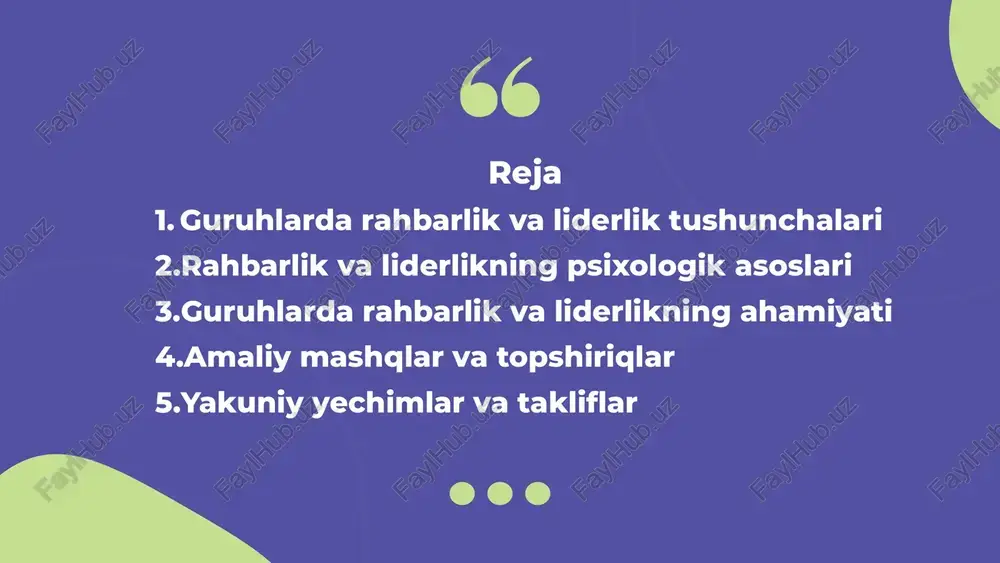 arish qarorlarning oqibatlari uchun mas’uliyatni o‘z zimmasiga olish guruhlarda rahbarlik va liderlikning ahamiyati maktabgacha ta’lim misolida: ✅ pedagog-lider bolalarni qiziqarli o‘yinlar orqali boshqaradi, ularning ijodiy qobiliyatlarini oshiradi. ✅ rahbar-pedagog esa davlat standartlariga muvofiq dastur tuzadi va uni amalga oshirishni nazorat qiladi. natija: liderlik uslubi bolalarning ijtimoiy va intellektual rivojlanishiga ijobiy ta’sir ko‘rsatadi. rahbarlik esa tizimli ishlash va tartibni saqlashni ta’minlaydi. 1-guruh avtoritar rahbarlik bo‘yicha topshiriq: topshiriq nomi: "qat’iy rahbar qarori" vazifa: guruhda bir kishi rahbar bo‘ladi. u muhokamasiz barcha qarorlarni o‘zi qabul qiladi (masalan: vazifa taqsimoti, ish rejasi, vaqt). qolgan a’zolar unga bo‘ysunadi. natija: ish yakunida guruh a’zolari qanday his qilganini, qanday muammolar bo‘lganini yozma ravishda tahlil qiladi. 2-guruh demokratik rahbarlik bo‘yicha topshiriq: topshiriq nomi: "birgalikda qaror" vazifa: rahbar barcha a’zolar bilan maslahatlashgan holda qaror qabul qiladi (vazifalar bo‘linadi, muddatlar kelishiladi). natija: guruh ishi qanday kechdi? har kim o‘zini qanchalik erkin his qildi? barcha ishtirokchilarning fikrini yozma ravishda baholang. 3-guruh …