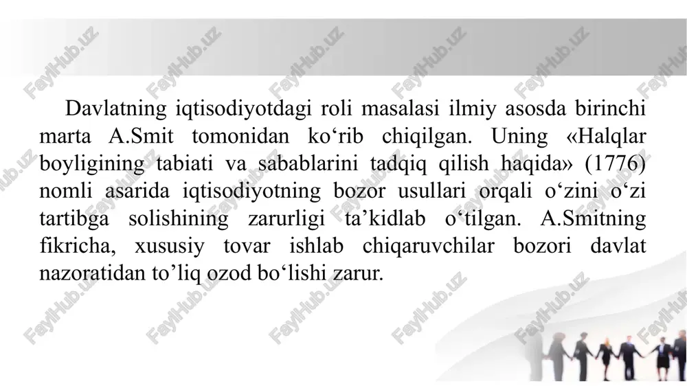 ; daromad va boylikni qayta taqsimlash; resurslami qayta taqsimlash; qtisodiyotni barqarorlashtirish,ya’ni iqtisodiy tebranishlar vujudga keltiradigan inflatsiya va bandlilik darajasi ustidan nazorat qilish hamda iqtisodiy o‘sishni rag‘batlantirish. davlat milliy iqtisodiyotni tartibga solishda bir qator usullardan foydalanadi: bevosita ta’sir qilish usullari; bilvosita ta’sir qilish usullari; tashqi iqtisodiy usullar. davlatning bevosita ta’sir qilish usullari: huquqiy-me’yoriy tartibga solish: qonunlar, farmonlar va qarorlar orqali iqtisodiy faoliyatni tartibga solish. masalan, litsenziyalash, ekologik me’yorlar, mehnat qonunchiligi. davlat buyurtmalari va subsidiyalar: hukumat strategik ahamiyatga ega sohalarga buyurtmalar berish orqali iqtisodiyotga ta’sir qiladi. davlat tomonidan subsidiyalar ajratish (masalan, qishloq xo‘jaligi, energetika yoki eksportchilarni qo‘llab-quvvatlash) davlatning bevosita ta’sir qilish usullari: narxlarni davlat tomonidan belgilash ayrim strategik tovarlar va xizmatlar uchun davlat tomonidan narxlar tartibga solinishi (masalan, kommunal xizmatlar, yoqilg‘i narxlari). anti-monopoliya siyosati orqali adolatli raqobatni ta’minlash. davlat sektori orqali boshqarish strategik ahamiyatga ega tarmoqlar (transport, energetika, mudofaa) davlat nazorati ostida bo‘lishi mumkin. davlat korxonalari orqali muhim tovar va xizmatlarni ta’minlash. …
