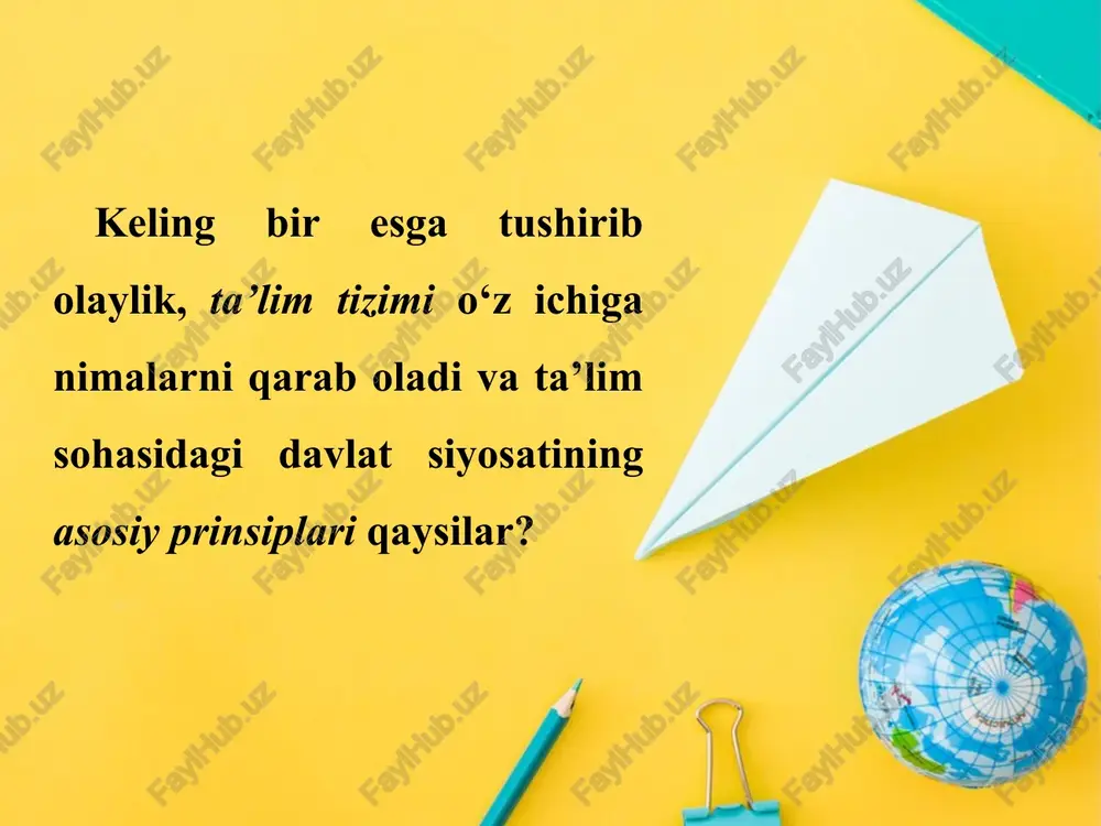 radi ta’limning quyidagi qonuniyatlari mavjud: 6 o‘quv jarayoni o‘qituvchi hamda o‘quvchining maqsadlari muvofiq kelgan holda yuz beradi 4 5 alohida bir shaxsni u yoki bu faolnyatni o‘rganishga yo‘llash uni ushbu faoliyatga jalb etish orqali erishiladi ta’limning maqsadi, bilim olishning mazmuni va ta’lim metodlari orasida doimiy bog‘liqlik mavjud bo‘ladi; ta’limning maqsadi ta’lim mazmunini va metodini belgilab beradi o‘zbekiston respublikasida ta’lim quyidagi turlarda amalga oshiriladi: maktabgacha ta’lim; umumiy o‘rta ta’lim; o‘rta maxsus, kasb-hunar ta’limi; oliy ta’lim; oliy o‘quv yurtidan keyingi ta’lim; kadrlar malakasini oshirish va ularni qayta tayyorlash; maktabdan tashqari ta’lim. vazifalar ta’lim jarayonlari va ularni amalga oshirish shartlarini ta’riflash va tushuntirish didaktikaning asosiy vazifalari ta’lim jarayonini yanada mukammal tashkil etish, ta’lim tizimlari va texnologiyalarini ishlab chiqish ta’lim jarayoni uchun xos bo‘lgan umumiy qonuniyatlarni aniqlash, omillarini tahlil qilish va ta’riflash ta’limning mazmuni ilmiy bilimlar, ko‘nikma va malakalar tizimidir. o‘quvchi ilmiy bilim, ko‘nikma va malakalarni egallash jarayonida aqliy va jismoniy qobiliyatlarini rivojlantiradi, dunyoqarashi, …