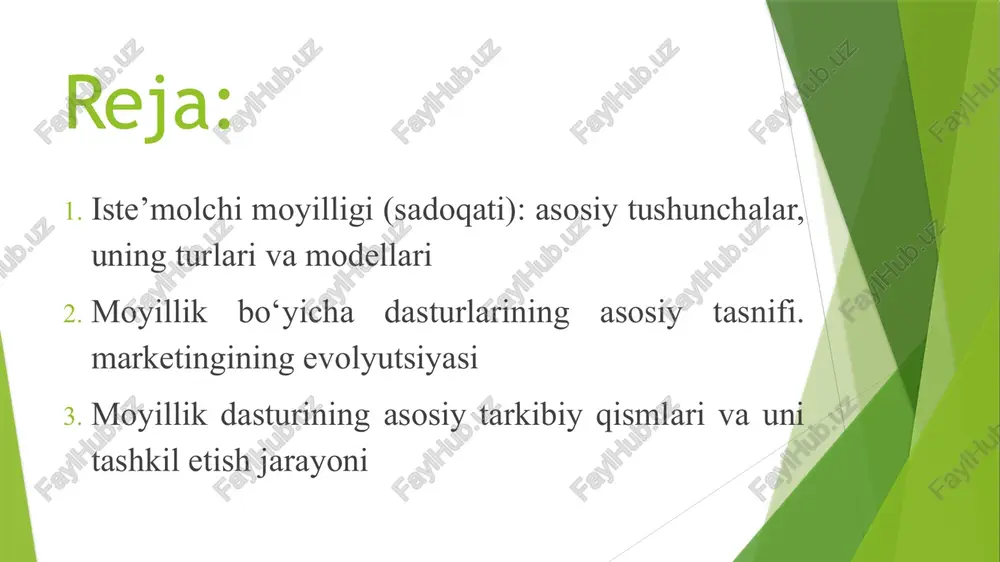 yg‘usi vujudga keladi (kelgusi sotib olishga qaror, reja). amaliy (action) bosqich – mijoz haqiqatan ham brendga sodiq bo‘lib, doimiy tarzda sotib olishni amalga oshiradi va brendni targ‘ib qiladi. dick va basu modeli dick va basu (1994) sadoqatni ikki asosiy o‘lchov bo‘yicha baholashni taklif qilgan: xulq-atvor darajasi (muntazam sotib olish, qayta murojaat qilish chastotasi), munosabat darajasi (brendga, mahsulotga, kompaniyaga bo‘lgan ishonch va hissiy munosabat). bu model bo‘yicha yuqori xulq-atvor + yuqori munosabat darajasi – ideal sodiq mijozlarni, boshqa kombinatsiyalar esa nisbatan pastroq sodiqlikni ko‘rsatadi. 3.3. net promoter score (nps) ko‘rsatkichi bu model an’anaviy tushunchaga to‘la mos kelmasa ham, sodiqlikni o‘lchashda eng ko‘p qo‘llanuvchi amaliy vositalardan biri sanaladi. mijozlardan “brendni (yoki kompaniyani) tanish-bilishlaringizga tavsiya qilasizmi?” deb so‘raladi. javobchilar 0 dan 10 gacha ball berishadi. 9–10 ball – targ‘ibotchilar (promoters), 7–8 ball – betaraflar (passives), 0–6 ball – tanqidchilar (detractors) hisoblanadi. ushbu ko‘rsatkich qancha yuqori bo‘lsa, sodiqlik darajasi ham shuncha yuqori bo‘ladi, degan …