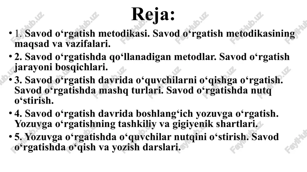 ini belgilaydi, ta’lim-tarbiya berish jarayonini tekshiradi, shu jarayonning qonuniyatlarini va ta’lim berish usullarining ilmiy asoslangan tizimini belgilaydi. metodika fani quyidagi masalalarni o'rganadi: 1. o'qitishning vazifalari va mazm unini aniqlaydi. nimani o'qitish kerak? savoliga javob beradi, ya’ni boshlang'ich sinflar ona tili kursining dasturlarini, ta’lim mazmunini belgilab beradi, o'quvchilar uchun darsliklar va qo'llanm alar yaratib, ularni takomillashtirib, sam aradorligi va muvofiqligini doimiy nazorat qilib boradi. 2. o'qitish metodlari, tamoyillari, usullari, dars va uning turlarini, o'quvchilar amaliy ishlari - mashqlar va yozma ishlaming izchil tizimini ishlab chiqadi, ya’ni „ qanday o'qitish kerak?" savoliga javob tayyorlab beradi. 3. o'quvchilarga ona tilidan bilim berish va ko'nikm a hosil qilishda ilmiy nuqtai nazardan eng foydali shart-sharoitlar haqidagi masalalarni hal qiladi, ya’ni „ nega xuddi mana shunday o'qitish kerak?“ savoliga javob tayyorlaydi. eng foydali materiallarni, metodlarni o'rganadi, tanlangan metodlarni asoslaydi, tavsiyalarni eksperimental tekshiradi. boshlang'ich sinflarda ona tili o'qitish metodikasi fani quyidagi bo'limlarni o'z ichiga oladi: 1. savod …