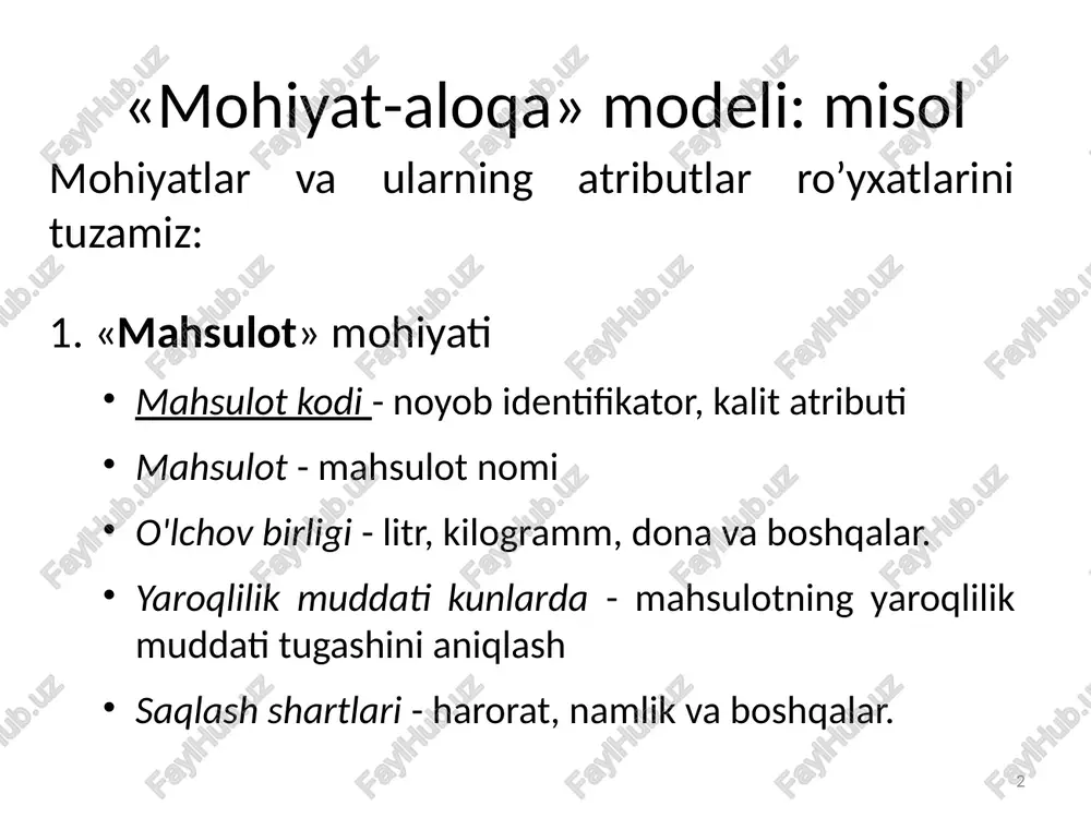 lari o'rtasidagi «buyurtma» m: n aloqa buyurtma sanasi –buyurtma sanasi ta’minotchi kodi - ushbu mahsulot qaysi ta’minotchiga buyurtma qilingan mahsulot kodi - qaysi mahsulot buyurtma qilingan b_miqdori - ushbu mahsulot qancha etkazib berildi 7 «mohiyat-aloqa» modeli: misol 8 ta’minotchilar va mahsulot mohiyatlari o'rtasidagi aloqalar 8 «mohiyat-aloqa» modeli: misol 9 3. sotishlar va mahsulot mohiyatlari o'rtasidagi «amalga oshadi» n:1 aloqalar 4. ta’minotchilar va shaharlar mohiyatlari o'rtasidagi «joylashadi» n:1 aloqalar 9 «mohiyat-aloqa» modeli: misol 10 10 image1.wmf oleobject1.bin image2.wmf image3.wmf oleobject2.bin oleobject3.bin image4.jpeg m n ta’minotchilar ta’minlaydi mahsulot m n buyurtma n m mahsulot n ta’minlaydi ta’minotchilar buyurtma m m 1 mahsulot amalga oshadi sotishlar m 1 s haharlar joylashadi ta’minotchilar m sotishlar mahsulot amalga oshadi 1 ta’minotchilar joylashadi shaharlar m 1 taminlashsanasi ahsulotmiqdori buyutmasanasi mahsulot kodi cousnnars) /docprops/thumbnail.jpeg misol «mohiyat-aloga» modeli masala: do‘kondagi maxsulotlarsotuvini hisobini yurtish at uchun marlumotlar alogasini aks ettiradigan diagrammani xoslqiling. mb da quyidagi ma'lumotlarsaqlanishilozim: + dokongs yetkarib …