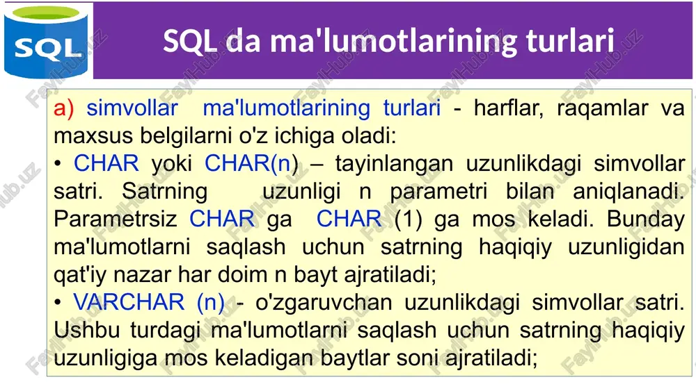 (p, n) turi bilan bir xil. faqat ba'zi bir mbbtlar unga formatlashning maxsus usullarini taqdim etganligi sababli kiritildi; 5 sql da ma'lumotlarining turlari e) sana va vaqt - sana, vaqt va ularning kombinatsiyalarini saqlash uchun ishlatiladi. ko'pgina mbbt lari ikki sana orasidagi intervalni aniqlay oladi, shuningdek sanani ma'lum miqdordagi vaqtga kamaytirish yoki ko'shishni amalga oshiradi: • date - sanani saqlash uchun ma'lumotlar turi; • time - vaqtni saqlash uchun ma'lumotlar turi; • datetime - vaqt momentlarini saqlash uchun ma'lumotlar turi (yil + oy + kun + soat + daqiqa + soniya + soniyalarning qismlari); 6 sql da ma'lumotlarining turlari f) ikkilik ma'lumotlar turlari - har qanday o'lchamdagi ma'lumotlarni (rasmlar, bajariladigan fayllar va boshqalarni) ikkilik kodda saqlashga imkon beradi; ushbu turdagi aniqlanishi turli tizimlarda farq qiladi, ko'pincha kalit so'zlar ishlatiladi: binary, byte, blob. 7 jadvallarni yaratish jadvallar create table buyrug'i bilan yaratilgan. ushbu buyruq bo'sh jadval hosil qiladi. har bir jadvalda …
