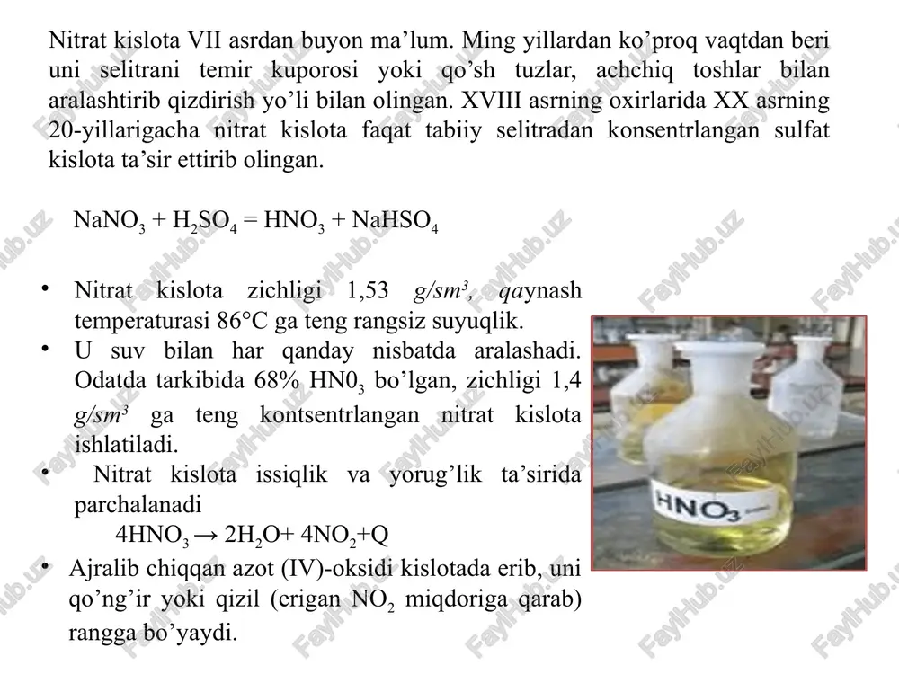 o’lib qo’llanilib kelgan. sanoatda bu usul bilan, asosan, suyultirilgan nitrat kislota ishlab chiqdriladi, u ikki bosqichdan iborat: ammiakning oksidlanib no ga aylanishi; b) no ni no2 gacha qayta ishlab hno3 xosil qilish. ammiakning oksidlanishi quyidagi reaksiya bilan boradi: 4nh3 + 5o2 = 4no + 6h2o. ammiak bilan kislorodning o’zaro ta’sirlashuvi yuqori temperaturada (800 – 9000 c) mo’l miqdor kislorod hamda katalizatorlar ishtirokida tez boradi. bu jarayon 900°c da katalizator ishtirokisiz ham boradi. lekin bunda no emas, elementar azot xosil bo’ladi: ammiakni oksidlash sxemasi: 1-aralashtirgich; 2-kontakt apparat; 3-issiqlik almashtirgich; 4-bug’ qozon: avtomatik ajratgich; 6-platinali to’r. ventilyator yordamida berilayotgan xavo trubkali issiq almashtirgich- ga berilib, ma’lum darajada isitilgandan so’ng aralashtirgichga o’tkazilib, ammiak bilan aralashtiriladi. tayyorlangan gazlar aralashmasida 10-11% n2 va 19% atrofida kislorod bo’lishi kerak. bu gazlar aralashmasi katalizator bilan to’ldirilgan kontakt apparatiga o’tkaziladi. apparatda 98% ammiak oksidlanib no ga, 2% ammak oksidlanib azotga aylanadi. bunda reaksiya natijasida ajralib chiqayotgan issiqlik trubkali …