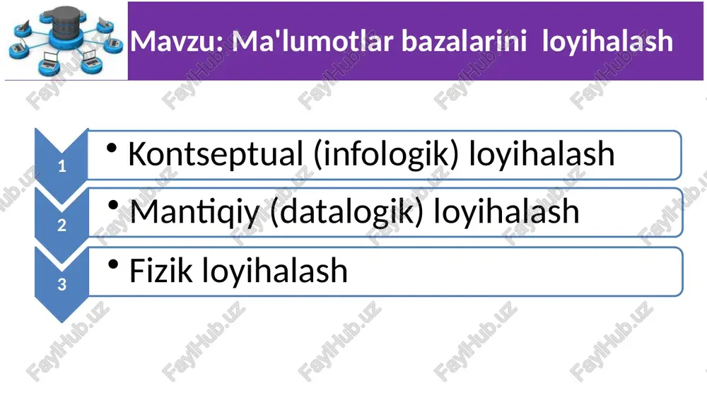 dastlabki bosqichi, ya'ni infologik loyihalash bosqichi, ma'lumotlar bazasida predmet sohasi to'g'risida qanday ma'lumotlarni taqdim etish kerakligini aniqlashdan iborat. ma'lumotlar bazasiga ega bo'lgan muayyan axborot tizimi ma'lum bir foydalanuvchilar doirasining axborot ehtiyojlarini qondirish uchun ishlab chiqiladi. 8 infologik loyihalash predmet sohani abstraklashtirish yordamida tahlil qilish natijasida ma'lumotlar bazasida ma'lumotlar taqdim etilishi kerak bo'lgan mohiyatlar (obyektlar), shuningdek, ushbu mohiyatlarning xususiyatlari va ular o'rtasidagi aloqalar aniqlanishi kerak. masalan, universitet haqidagi ma'lumotlar bilan bog'liq bo'lgan predmet sohasi uchun bunday obyektlar quyidagilar bo'lishi mumkin: talabalar, o'qituvchilar, fakultetlar, kafedralar, fanlar va boshqalar 9 infologik loyihalash abstraklashtirish predmet sohasi obyektlarining yechilayotgan masala nuqtai nazaridan muhim bo'lgan xususiyatlarini aniqlashga imkon beradi, bu esa ushbu obyektlarni boshqa ko'plab obyektlardan to‘plamdan ajratib olishga imkoniyatini tug‘diradi. predmet sohasining har qanday tanlangan mohiyat-obyekti uning xususiyatlari bilan xarakterlanadi. aslida, modelda predmet sohasining mohiyat-obyektlari to'plamini dastlabki ajratilishi ushbu obyektlarning muhim xususiyatlari to'plamini aniqlash va tanlashdan iborat. 10 infologik loyihalash mohiyatlarning xususiyatlarini aniqlashda ushbu xususiyatlarning …