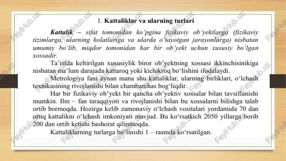 eb, shu kattalikning tizimdagi asosiy kattaliklar bilan bog'ligligini ko‘rsatadigan va proporsionallik koeffitsiyenti 1 ta teng bo'lgan ifodaga aytiladi. kattaliklaming o'lchamligi dimension — o'icham, o‘lehamlik ma’nosini bildiradigan (ingl.) sozga asoslangan holda dim simvoli bilan belgilanadi odatda, asosiy kattaliklaring o*ichamligi mos holdagi bosh harflar bilan belgilanadi, masalan: wzunlik— dim! =l; massa — dim m= m; vagt dim t hosilaviy kattaliklaming o‘lchamligini aniqlashda quyidagi qoidalarga ‘amal qilish lozim: 1. tenglamaning o‘ng va chap tomonlarining o‘lchamligi mos kelmasligi mumkin emas, chunki, fagat bir xil xossalargina o°zaro solishtirilishi mumkin, bundan xulosa qilib aytadigan bo'lsak, fagat bir xil o'lchamlikka ega bo'lgan kattaliklamnigina algebraik qo'shishimiz mumkin. 2. o'lchamliklaming algebrasiko'payuvchandir, ya’ni faqatgina ko‘paytirish amalidan iboratdir. 1. bir nechta kattalikning ko‘paytmasining o‘ichamligi _ularning o'lchamliklarining ko'paytmasiga teng, ya’ni:a,v,s,q__kattaliklarining giymatlari orasidagi bog'lanish q=avs korinishida berilgan bo‘lsa, u holda: dim q = (dim a) (dim v)(aimc) 2. bir kattalikni boshqasiga bo'lishdagi bo‘linmaning o‘ichamligi ularning oichamliklarining nisbatiga teng, ya'ni q= a/v bo'lsa, u …