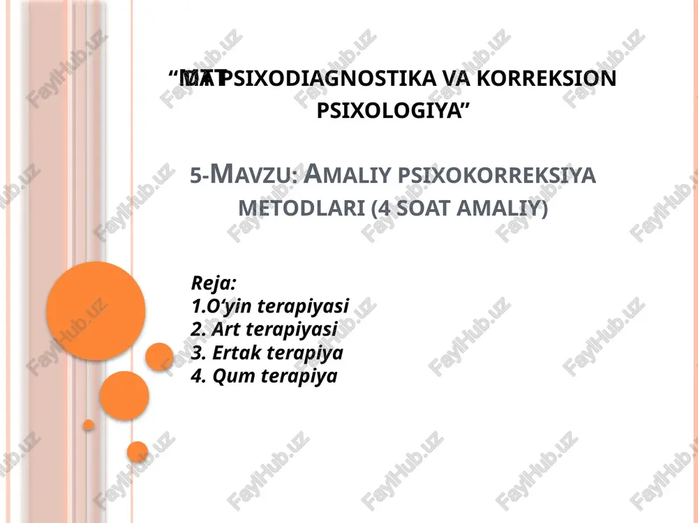 v va xavotirlarni anglash va ularni boshqarish. ijtimoiy moslashuv muammolari: bolaning jamiyatga moslashishi, o‘yin orqali ijtimoiy ko‘nikmalarni o‘rganishi. traumatik tajribalar: bola o‘ziga xos psixologik jarohatlarni o‘yin orqali ifodalash va yengish. samarasiz o‘qitish va o‘z-o‘zini anglash: bola o‘zining potentsialini to‘liq ro‘yobga chiqarish va o‘zini anglashga yordam berish. o‘yin terapiyasining asosiy prinsiplari bola erkinligi: bola o‘yin orqali o‘z his-tuyg‘ularini ifodalash va muammolarini tushunishda erkinlikka ega bo‘lishi kerak. o‘yin orqali o‘zini anglash: bola o‘yin orqali o‘zining ichki dunyosini, his-tuyg‘ularini anglab, ular bilan ishlash imkoniyatiga ega bo‘ladi. emotsional xavfsizlik: psixolog bola uchun xavfsiz muhit yaratadi, bunda bola o‘zini erkin va tinch his qilishi kerak. terapevtning rahbarligi: psixolog bola bilan o‘yin davomida unga yordam beradi, lekin bola o‘yin davomida o‘zini erkin ifodalashga imkon beriladi. o‘yin terapiyasining turlari strukturaviy o‘yin terapiyasi: bu turdagi terapiyada bola psixolog tomonidan berilgan aniq o‘yinlar orqali o‘z his-tuyg‘ularini ifodalashga undalanadi. bu o‘yinlar bolaga o‘z muammolarini tushunish va ularni yengishga yordam beradi. …