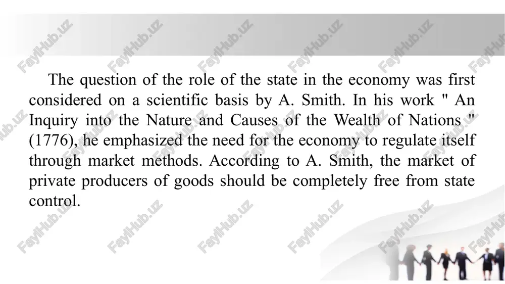 d stimulating economic growth. the state uses a number of methods to regulate the national economy: direct impact methods; indirect methods of exposure; foreign economic methods. methods of direct state influence: legal and regulatory regulation: regulation of economic activity through laws, decrees, and decisions. for example, licensing, environmental standards, labor legislation. government orders and subsidies: the government influences the economy by placing orders in strategically important sectors. government subsidies (e.g., agriculture, energy, or support for exporters) methods of direct state influence: state pricing state price regulation for certain strategic goods and services (e.g., utilities, fuel prices). ensuring fair competition through anti-monopoly policy. governance through the public sector sectors of strategic importance (transport, energy, defense) may be under state control. providing essential goods and services through state-owned enterprises. methods of direct state influence labor market regulation state standards and laws on wages, working hours, and working conditions. anti-unemployment measures, social security …