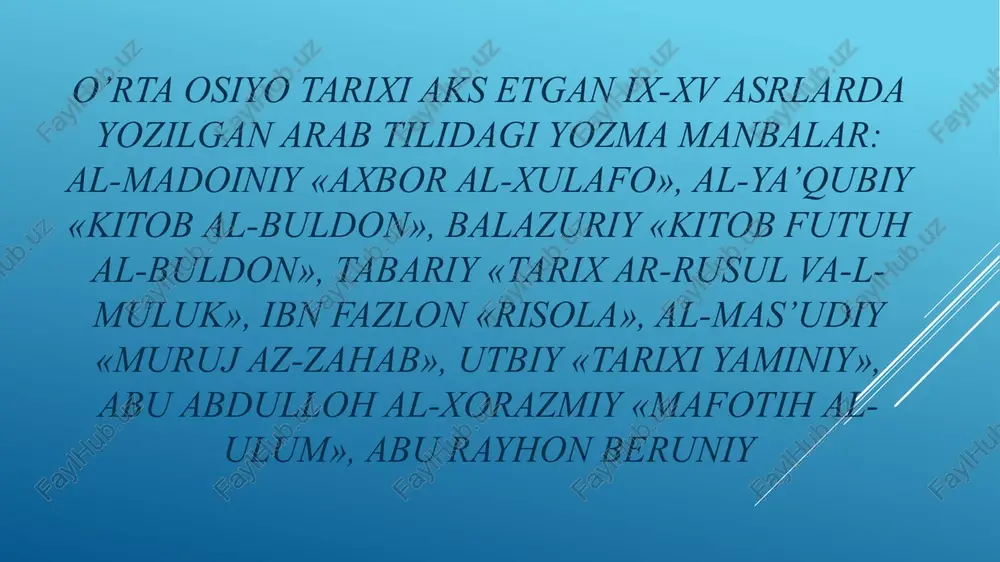 ’ylarida ko’chib yurgan qorliqlarning movarounnahrning ichki tumanlari ustiga qilib turgan xurujlariga barham berdilar(893 y.). bu hol mamlakatning iqtisodiy va madaniy yuksalishiga yo’l ochdi. bu sulola davrida markaziy davlat boshqaruvi birmuncha takomillashdi. amir davlatni o’nta muassasasi (devon): devoni vazir (bosh mahkama), devoni mustavfiy (moliya ishlari mahkamasi), devoni omid ul-mulk (insho va elchilik idorasi), devoni sohib shurat (amir gvardiyasi ishlari bilan shug’ullanuvchi idora)13, devoni sohib barid (pochta ishlari mahkamasi), devoni mushrif (o’ziga xos davlat xavfsizligi idorasi), devon ad-diya (amirning yer-mulkini boshqaruvchi idora), devoni muxtasib (shariat ishlari mahkamasi), devoni vaqf (vaqf ishlarini nazorat qiluvchi idora), devoni quzzot (qozilik mahkamasi) yordamida boshqargan. lekin, davlatni boshqarishda turk amirlarining roli juda katta bo’ldi. somoniylar davrida hunarmandchilik va savdo-sotiq rivojlandi. buni buxoro, samarqand, marv, balx, g'azni, hirot va toshkent kabi yirik, taraqqiy etgan shaharlar misolida ko’ramiz. bu davlat hazar xoqonligi, bulg’or xonligi, rus va xitoy bilan iqtisodiy-madaniy aloqalari birmuncha rivoj topdi. bu davr ilm-fan va madaniyatning o’rta …
