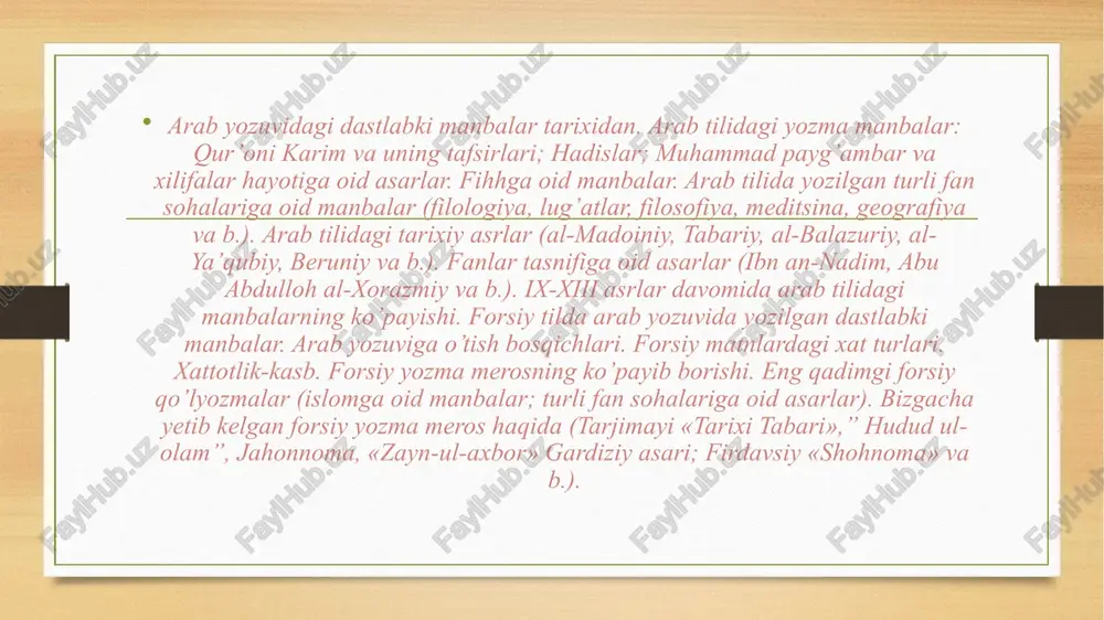 ning tashqi belgilariga qarab bo’linishi. turkiy qo’lyozmalarni o’rganish:qutadg’u bilik, tarixi muluki ajam, qur’on tafsiri, hissasi rabg’uziy, shayboniynoma, tavorixi guzida va b. qo’lyozma asarlar tarixidan va ularning hududiy qamrovi. arab tilidagi yozma meros va uning tarqalishi. qo’lyozmalarning jahon bo’ylab tarqalish sabablari. sharq qo’lyozmalarining yevropaga tarqalishi. sharq qo’lyozmalarining turli mamlakatlardagi miqdoriy ko’rsatkichi. qo’lyozmalar xazinalari: misr, eron, buyuk britaniya, germaniya, turkiya, rossiya, o’zbekiston. sharq qo’lyozmalarini tavsiflash va kataloglar chop etilishi tarixidan. o’zbekiston fanlar akademiyasi sharqshunoslik instituti sharq qo’lyozmalari xazinasi. v-vi asrlarda o’zbekiston tarixi eftaliylar va eftaliylar davlati tarixi bilan bog’liqdir. tarixiy manbalar, shuningdek, arxeologik qazishlar bergan ma’lumotlarga qaraganda, eftaliylar saklar va masagetlarning avlodlaridir. eftaliylar juda katta hududda o’z hukmronliklarini o’rnatdilar. ularning davlatiga sharqiy turkistondan kaspiy bo’ylarigacha bo’lgan yerlar qarar edi. eftaliylar milodning 457-yilida chag’aniyon, toxariston va badaxshonni bo’ysundirishga muvaffaq bo’ldilar. eron shohi sosoniy piruz (459-484 yy.) eftaliylarga qarshi uch bor qo’shin tortti, lekin uning barcha yurishlari mag’lubiyat bilan yakunlandi. buning ustiga eron eftaliylarga …