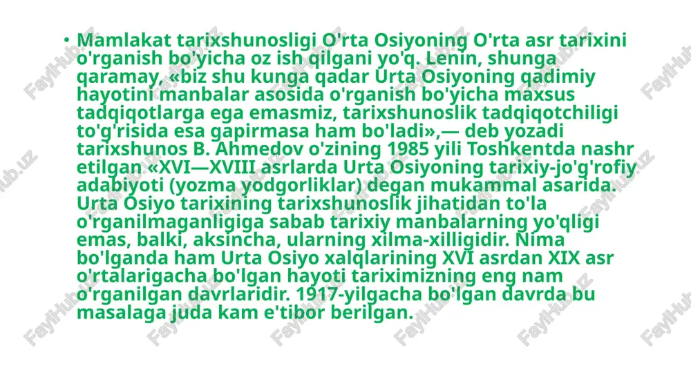 z yo'lini ochganlari bois, urta osiyoda asta-sekin yirik savdo-sotiq ishlari va xalqaro madaniy aloqalar susaya boshladi. xullas, nima bo'lganda ham xvi—xviii asrlarda va hatto keyinroq ham yuz bergan ahvol oqibatida,— deb yozadi b. v. lunin,— g'arbiy ovrupo va rossiyadagi urta osiyo to'g'risidagi bilimlar, urta osiyoda esa g'arbiy ovrupo va rossiya to'g'risidagi bilimlar chala edi. biraq bir-biri to'g'risida bilishga qiziqish tobora kuchaymoqda edi.» a. ahmedov ilk manbalar bilan shug'ullanuvchi tadqiqotchilar ishini yengillatadigan ish qildi -- voqea va faktlarni aniqlashga intildi. bu juda og'ir, mas'uliyatli, uning manbashunoslik mehnati qadrini ikki baravar oshiradigan, urta osiyo xvi—xix asr tarixini o'rganishni osonlashtiradigan asardir. bundan tashqari u tarixshunoslikning muhim sharti — qiyoslash va bor ma'lumotlarni jiddiy, tubdan qayta tekshirish qoidasyga amal qilgan. buning uchun b.ahmedov o'z tahliliga muayyan bir davr bo'yicha bir necha asarlarni kiritgan. bular «tavorixi guzida» («nusratnoma»), «fatxnoma», «shayboniynoma», «mehmonnomai buxoro», «zubdat-ut-tavorix», «badoye' ul-vaqoye» dir. shu bilan bir vaqtda muallif bu asariga ilgari bosilgan …