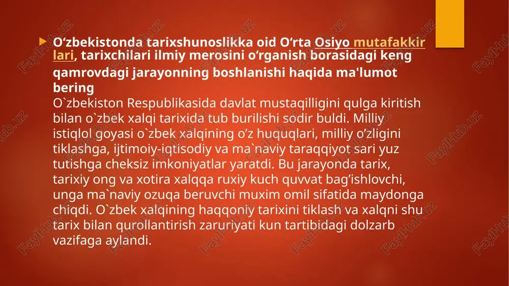 li olim, akademik ibrohim mo’minovning kuchli tazyiqlarga duchor bo’lganligi yaqqol misol bo’la oladi. tarixiy voqealar jamiyat a‘zolarining bir qismi kambag’allar va yo’qsillarni himoya qilgan holda, ularning manfaatiga bo`ysindirilgan holda yoritildi. din, diniy qadriyatlar qoralandi, insonlarning diniy e‘tiqodlari oyoqosti qilindi, ruhoniylar quvg’in ostiga olindi. buyuk olimlar, allomalar, ma‘rifatparvar shoiru - ulamolar, yozuvchilar ikkiga - materialistlar va idealistlarga bo`lindi. ulardan u yoki bu dinga e‘tiqod qilganlari idealist deb ataldi va shuning uchungina ta‘qib etildi, ularning faoliyatini o`rganish ta‘qiqlandi, o`zlari taxqirlandilar, asarlari xalqdan yashirildi, yo`qotib yuborildi. oqibatda ko`pgina tarixiy voqea- hodisalar soxtalashtirildi, o`tmish qoralandi, ma‘naviy merosimiz, milliy qadriyatlarimiz haqoratlandi. yosh avlodga ularni jirkanch illat, xurofot, eskilik sarqitlari, deb o`rgatildi. tarix faqat jangu-jadal, urushlardan iboratdek qilib ko`rsatildi. xalqimiz tarixining bu qadar soxtalashtirilishiga faqat marksistik metodologiyaning yaroqsizligini aybdor deyish kifoya qilmaydi, albatta. bu borada mamlakatda hukmron bo`lgan totalitar tuzumning salbiy roli katta bo‘ldi. tarix esa totalitar tuzum xizmatchilariga, targ’ibotchi va himoyachisiga, kommunistik mafkura dumiga aylantirilgan …