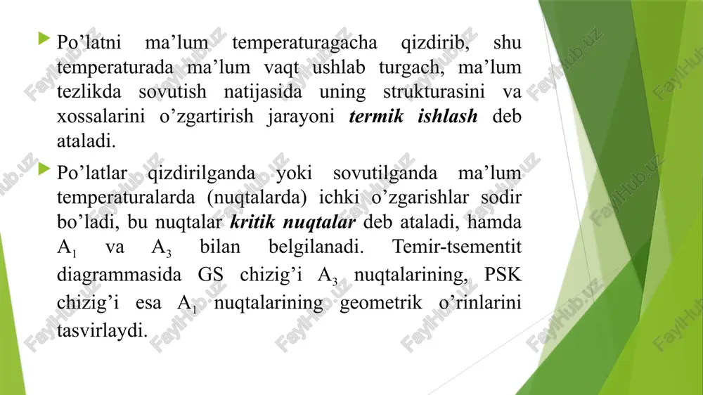 deb ataladi. po’latni to’g’ri toblash uchun qizdirish temperaturasini, shu temperaturada ushlab turish vaqti va sovitish tezligi hamda muhitini tanlay bilish katta ahamiyatga ega. temir-uglerod holat diagrammasining chap qismidan (po’lat qismidan) ko’rinishicha (12-rasm), evtektoidgacha bo’lgan po’latlarning qizdirish temperaturasi gs chizig’idan (ac3 kritik chiziqdan), evtektoiddan keyingi po’lat uchun sk chizig’idan (as1 kritik chiziqdan) va evtektoid po’lat uchun esa faqat bitta nuqtadan (c-nuqtadan) 30-50 0c yuqori qilib olinadi. po’latlarni qizdirish temperaturasini (kritik nuqtasini) aniqlashning eng sodda va qulay usuli po’latni turli xil vaqt birligida ma’lum temperaturada ushlab turilgach, har xil tezlikda sovitish va toblangan materialning qattiqligini aniqlashdan iboratdir. to’g’ri temperaturada toblanib, to’g’ri tezlikda sovitilgan po’latning strukturasida austenit butunlay martensitga aylanadi. evtektoid po’lat tez sovitilganda austenit parchalanib, quyidagi strukturalarni hosil qiladi: sovitilish tezligi sekundiga 50 0c gacha bo’lganda - sorbit strukturasi hosil bo’ladi, bu perlit strukturasi singari ferritning tsementitli mexanik aralashmasi bo’lib donlari maydaroq bo’lib, qattiqligi hb=2700 - 3200 mpa oralig’ida bo’ladi; sovitilish tezligi …