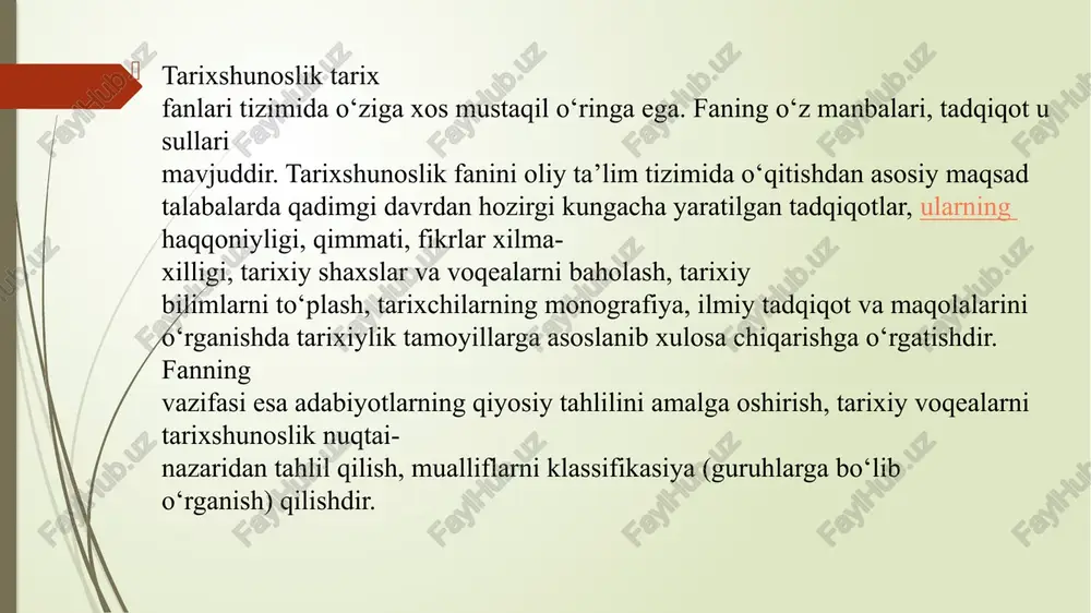 oslik tadqiqotlarining bir qancha tahlil usullari mavjud: qiyosiy tarixiy usul —turli tarixiy davrlarda tarixiy maʼlumotlar qanday paydo boʻldi, harakatlandi, oʻzgardi va rivojlandi, jamiyat taraqqiyotida tarixiy fikrlarning paydo boʻlishi va rivojlanishi jarayonini aniqlashda qoʻllaniladi; aniq tahliliy usul — olib borilgan tarixshunoslik tadqiqoti voqea-hodisalar tafsilotini kelib chiqish sabablari, rivojlanish jarayonini nazariy va faktik materiallarning oʻzaro aloqasida tahlil qiladi, ularning fanda qanday yoritilganligini oʻrganadi; mantiqiy tahliliy usul — katta imkoniyatlarga ega boʻlib, tarixiy muammoning oʻziga xos xususiyatlari, tuzilishi, boshqa tarixiy hodisalar bilan bogʻliqligini oʻrganishda qoʻllaniladi. boshqacha aytganda, maʼlum bosqich yoki davrda tarix fanining rivojini jamiyat taraqqiyotining asosiy yoʻnalishi bilan bogʻliqlikda ifodalaydi; xronologik usul — voqea-hodisalar haqida turli bosqich yoki davrda toʻplangan tarixiy faktlarni oʻzaro bogʻliqlikda oʻrganishda qoʻllaniladi. bu esa turli zamonda ilmiy fikrlarning harakatini, muammoga yondashuvda konsepsiyalar, qarashlar, gʻoyalarning oʻzgarib borishini xronologik tartibda takroriy yoki xilma-xil jihatlarini ochib beradi; davriylashtirish usulida maʼlum bir tarixiydavriy chegarada tarix fanining sifat, uslub va xususiyatlarining oʻzgarishiga ijtimoiy-iqtisodiy …