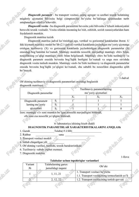 ng yoki ularning o’zaro o’lchamlari. xarakterli nosozlik - bu nosozlikni keltirib chiqaruvchi ob’ekt elementlari fizik parametrlaridan biri qiymatining o’zgarishi. diagnostik belgi – ishchi yoki hamroh chiqish jarayonlari yoki ob’ektning nosoz texnik holatidan darak beruvchi bilvosita tashqi belgidir. diagnostik parametr - bu transport vositasi, uning agregat va uzellari texnik holatining miqdoriy qiymatini bilvosita belgi (simptom)lar bo’yicha bo’laklarga ajratmasdan turib aniqlanadigan sifatli o’lchovidir. diagnostik vosita - bu diagnostik parametrni bevosita yoki bilvosita o’lchash imkoniyatini beruvchi texnik vositadir. vosita sifatida insonning ko’rish, eshitish, sezish xususiyatlaridan ham foydalanish mumkin. diagnostik matritsa tuzish diagnostik matritsa jadval ko’rinishiga ega, vertikal va gorizontal kataklardan iborat. u ikki kiymatli mantikiy model bo’lib (2.1-jadval) vertikal kataklarda joylashgan me’yoriy qiymatga erishgan tuzilmaviy (x) va gorizontal kataklarda joylashtirilgan diagnostik parametrlar (s) orasidagi bog’lanishni ko’rsatadi. mantiqiy modelda nosozlik mavjudligi mantiqiy «bir» bilan, nosozlikning yo’qligi mantiiqiy «nol» bilan belgilanadi. mantiiqiy «bir» bo’lishi tuzilmaviy va diagnostik parametr orasida bevosita bog’liqlik borligini ko’rsatadi va unga …