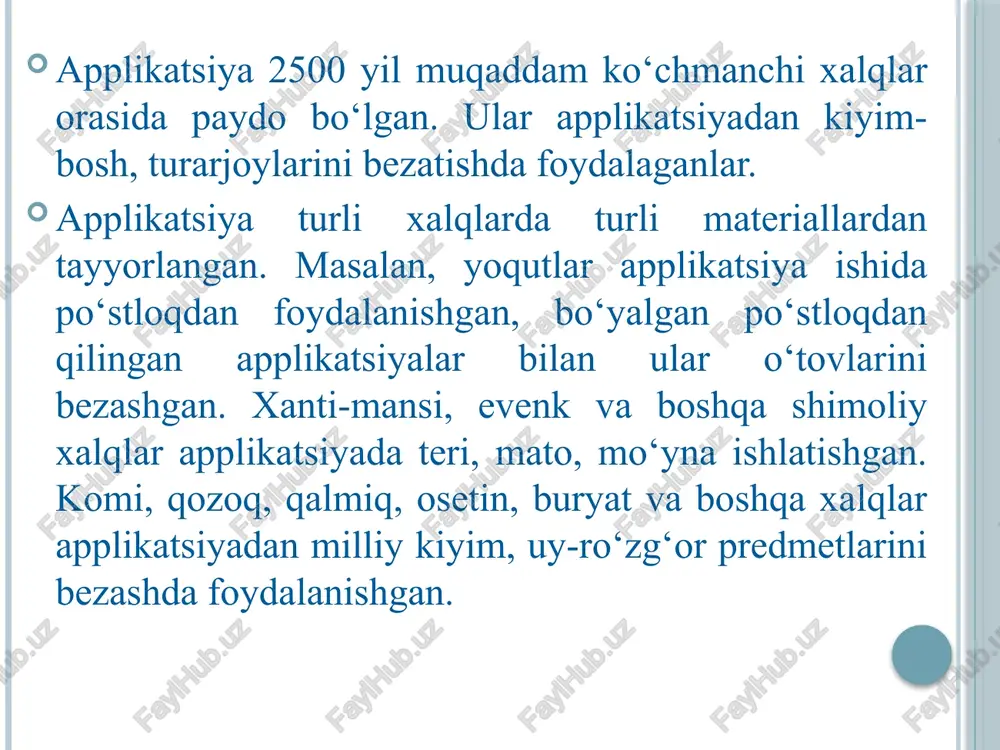 unasiga, ko‘ndalangiga, qism va qatlam, ikki qismga qirqish, to‘rt qismga, teng qismlarga” kabi tushunchalari mustahkamlanadi. 5. bolalar ranglar uyg‘unligini to‘g‘ri tanlashni o‘rganadilar. ularda estetik did tarbiyalanadi. geomterik shaklli applikatsiyalarni ham dekorativ-ornament, predmet, sujetli applikatsiyalarga ajratish mumkin. doira, kvadrat va ovaldan ornamentlar yasash. ornament detallari: turli o‘lchamdagi kvadrat, uchburchaklar tayyorlanadi. kvadratda naqsh diogonal bo‘yicha tuziladi – bunda shakllarni simmetrik joylashtirish qulay. doirada naqsh markazdan radiuslar bo‘ylab tuziladi. geometrik figuralardan predmetli applikatsiyalar. bolalarning predmetlarni fazoviy idrok etishini rivojlantirish kerak. bunda atrofimizni o‘rab turgan narsalar: uy, archa, daraxt, mashina, idish- tovoq, jonivorlar, gullar va shu kabilarni u yoki bu darajada geometrik shakllar bilan ifodalash mumkin. ko‘p rangli applikatsiyalar. ko‘p rangli applikatsiyalarni qirqish ancha murakkab ish bo‘lib, tasvirni qismlarga ajratish bilan aloqadordir. bu turdagi applikatsiyalarni bajarishda fonni tanlash juda muhimdir. fon ifodalangan predmetlar rangidan ochroq bo‘lishi kerak. ana shunda predmet xuddi bo‘rtib turgandek yorqin ko‘rinadi. hammasi o‘ylagan asarga bog‘liq. fonda joylashgan detallar rangi ham …