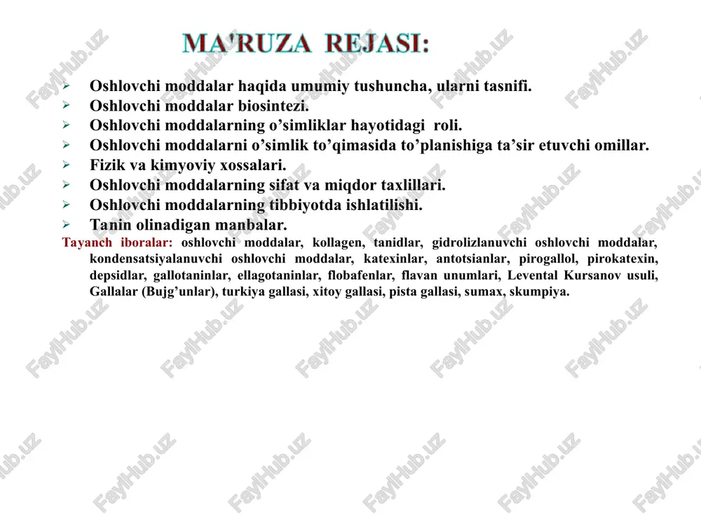 ar polifenollardir. gidroksil (oh) lar kamida ikkita (pirokatexin) yoki uchta (pirogallol) bo’ladi. tanidlarni ishqorlar ishtirokida 180 - 2000 c gacha qizdirilsa pirokatexin yoki pirogallol ajralib chiqadi, shuning uchun tanidlar 2 sinfga bo’linadi: tasnifi i. g.prokter bo’yicha (1894) oshlovchi moddalar turlari 180-200°s-gacha qizdirilsa temir tuzlari eritmalari bilan hosil qilgan cho’kmalari pirogallol guruhi pirogallol ajraladi qora-ko’k pirokatexin guruhi pirokatexin ajraladi qora-yashil tasnifi ii. k. freydenberg bo’yicha (1920): 1. gidrolizlanuvchi 2. kondensatsiyalanuvchi gidrolizlanuvchi tanidlar – piragallol unumlari bo’lib, ular molekulasida efirga xos bog’lanishi bor. bular quyidagilar: 1) depsidlar – aromatik oksikarbonkislotalarini murakkab efirlari (fenolkarbon kislota); gallat kislota gallat kislota depsidi 2) gallotaninlar - asosan galla kislotaning uglevodlar bilan bergan murakkab efirlari bo’lib, ular gidrolizlanganda gallat kislota va geksozalarga ajraladi. 3) ellagotaninlar - o’zidan ellag kislotani ajratadigan oshlovchi moddalar. gidrolizlanganda geksaoksidifen kislota, so’ng uning laktonizasiya natijasida ellag kislota hosil bo’ladi. geksaoksidifen kislota ellag kislota kondensatsiyalanuvchi tanidlar - bular difenil tipida birlashadi, kuchli mineral kislotalar …