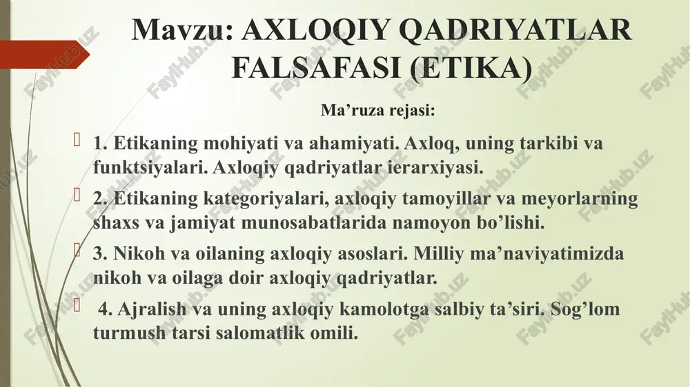 zlik yaxshilik va yomonlik adolat, shafqat burch ideal vijdon hayotning ma`nosi nomus baxt o`lim va o`lmaslik qadr-qimmat axloqiy tamoyillar insonparvarlik millatparvarlik mehnatsevarlik mehmondo`stlik erkparvarlik o`zbekchilik fidoyilik tinchlikparvarlik jo`mardlik vatanparvarlik ziyolilik axloqiy me`yorlar halollik rostgo`ylik hayolilik insoflilik shuhratparastlik xushfe`llik shirinsuxanlik xudbinlik kamtarinlik bosiqlik “tarbiya biz uchun yo hayot – yo mamot, yo najot – yo halokat, yo saodat – yo falokat masalasidir” abdulla avloniy "xalqimiz tarixiga nazar tashlaydigan bo‘lsak, eng qimmatli an’analar: halollik, rostgo‘ylik, or - nomus, sharmu - xayo, mehru - oqibat, mehnatsevarlik kabi barcha insoniy fazilatlar eng avvalo oilada shakllangan“ i.a. karimov “har bir insonning hayotidagi eng katta narsa bu — oila. oila men uchun muqaddas. kim bo‘lishingdan qat’i nazar, oiladagi tarbiya, oiladagi muhit, oiladagi halollik, munosabatga alohida e’tibor bermasang, hech qachon natija bo‘lmaydi.” sh.m. mirziyoyev oila va nikoh nima? oila so‘zining lug‘aviy ma’nosi haqida har xil nuqtai nazarlar bor. masalan, rimliklarda "oila" so‘zi (familia) dastlabki mulk egasiga bo‘ysunadigan …