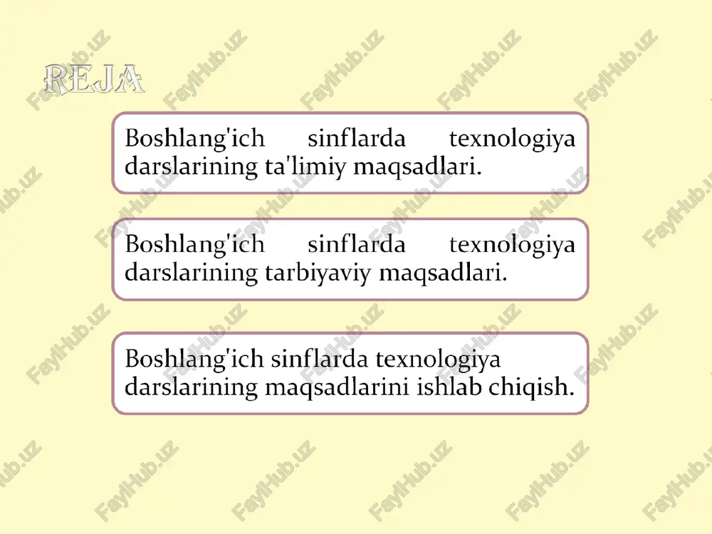 larda 34 soatdan jami 1–4 sinflarda 135 soat o‘qitiladi. o‘quvchilar mehnat ta’limini amalga oshirish uchun quyidagi tashkiliy va uslubiy vazifalarni hal qilish lozim. mavzu: qog‘ozni buklash usullaridan foydalanib, uy hayvonlari shaklini yasash. maqsad: ta’limiy:qog’oz buklash haqida tushuncha berish. tarbiyaviy: badiiy-estetik didni o'stirish, tejamkorlikni, mehnatsevarlikni, ozodalilikni tarbiyalash. rivojlantiruvchi: o'quvchilarda ijodiy tafakkur, tasavvur va fantaziyasini , qog’oz va qaychi bilan ishlash malakalarini rivojlantirish. mavzu: tabiiy va turli materiallardan gul shaklini applikatsiya usulida yasash. maqsad: ta’limiy: tabiiy va turli materiallardan gul shaklini applikatsiya usulida yasash haqida tushuncha berish. tarbiyaviy: badiiy-estetik didni o'stirish, tejamkorlikni, mehnatsevarlikni, ozodalilikni tarbiyalash. rivojlantiruvchi: o'quvchilarda ijodiy tafakkur, tasavvur va fantaziyasini , qog’oz va qaychi bilan ishlash malakalarini rivojlantirish. mavzu: oshxona jihozlari. oshxona jihozlaridan namunalar yasash. maktab oshxonasi maqsad: ta’limiy: oshxona jihozlari. oshxona jihozlaridan namunalar yasash. maktab oshxonasi haqida tushuncha berish. tarbiyaviy: badiiy-estetik didni o'stirish, tejamkorlikni, mehnatsevarlikni, ozodalilikni tarbiyalash. rivojlantiruvchi: o'quvchilarda ijodiy tafakkur, tasavvur va fantaziyasini , qog’oz va qaychi bilan …
