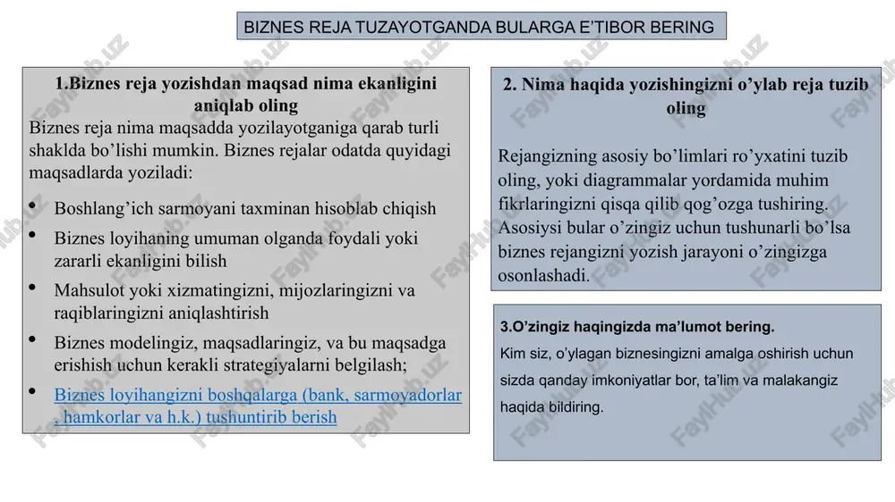 ligi haqida yozing. sizning narhlaringiz boshqalardan arzonroqmi, yo sifat jihatdan ajralib turasizmi? balki sizning joyingiz mijozlar uchun qulaydir, yoki vaqtdan yutish imkonini berarsiz? 7.haridorlaringiz mahsulotingiz uchun taxminan qancha pul sarflashini aniqlang mijozlaringizni sizning mahsulot yo xizmatlaringizga qancha pul to’lashga tayyor ekanliklari, bir yilda o’rtacha necha martta shu mahsulot/xizmatni sotib olishlarini hisoblab yozing. albatta bu yerda quruq taxminlar emas yana izlanish va tadqiqotlar natijasidan kelib chiqib yozishingiz kerak. 8.bir yilda o’rtacha qancha mahsulot ishlab chiqara olishingiz haqida yozing ishchi kuchi yoki uskunalaringizning qobiliyatidan kelib chiqib bir yilda shu mahsulotdan eng kop qancha ishlab chiqara olishingizni yoki xizmatingizni necha marta bera olishingizni hisoblab yozing. yana dalillarga asoslanib yozish kerak. 9.har bir mahsulotning tan narhi qancha bo’lishini hisoblang mahshulot ishlab chiqarish uchun ketadigan materiallar narhidan tortib ishchilarga beriladigan oylik, do’kon yoki uskuna arenda xarajati, soliq, elektr, telefon internetdan tortib barcha xarajatlarni hisobga olgan holda har bir mahsulotingizning tan narhi qanchaga tushishini hisoblab chiqing. …