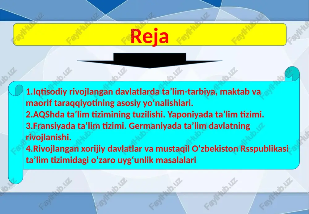 gionlar kiradi. bunday regionga eng yorqin misol sifatida g’arbiy yyevropani keltirish mumkin. birlik g’oyasi 1990 yillardan g’arbiy yyevropa davlatlarida ta’lim islohotlarining asosiga aylandi. birinchi turga mansub regionlarga shuningdek, aqsh va kanada kabilarni ham kiritish mumkin. jahonda integratsion jarayonlarning generatori sifatida yangi osiyo-tinchokeani regioni ham shakllanmoqda. unga koreya, tayvan, singapur va gonkong, shuningdek, malayziya, tayland, filippin va indoneziya kabi davlatlarni kiritish mumkin. ikkinchi turga integratsion jarayonlarga muvaffaqiyatli javob qaytarayotgan hududlar tegishli. birinchi navbatda bu lotin amerikasi davlatlaridir. tarixda bo’lgani singari bugungi kunda ham lotin amerikasiga integratsion o’choqlar zonasi sifatida aqsh va g’arbiy yyevropa tomonidan ta’sir ko’rsatilmoqda. uchinchi tur ta’lim jarayoni integratsiyasiga kam e’tibor qaratayotgan regionlar kiradi. mazkur guruhga saxara janubidan boshlab afrika davlatlarining katta qismi, janubiy va janubiy-sharqiy osiyoning qator davlatlari, tinch va atlantika okeani havzasidagi uncha katta bo’lmagan orol davlatlarini kiritish mumkin. afrika davlatlarida maktab ta’limining davomiyligi minimal daraja – 4 yildan kam. mazkur hududlarda aholining ko’pchiligi savodsiz. masalan, janubiy …