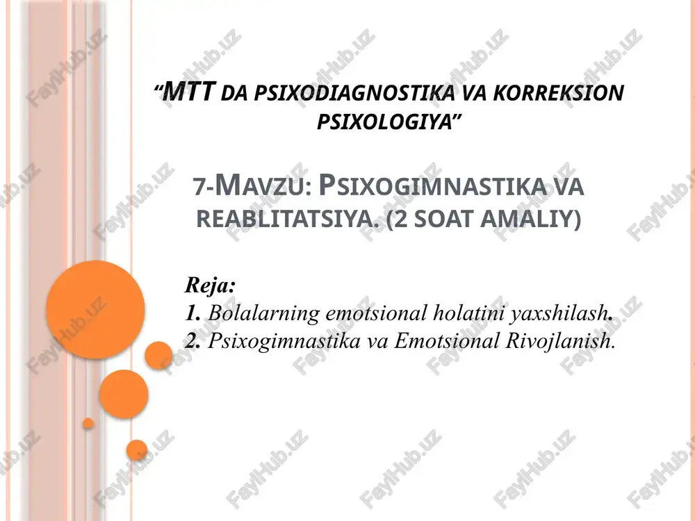 va reabilitatsiya markazlari. autizm, giperaktivlik va boshqa rivojlanish buzilishlari bo‘lgan bolalarda qo‘llaniladi. reabilitatsiya — insonning psixologik, jismoniy va ijtimoiy qobiliyatlarini tiklashga qaratilgan kompleks tadbirlar majmuasi. bu jarayon travma, kasallik yoki stressdan keyin hayot sifatini tiklash va sog‘lom hayotga qaytishni ta'minlashni maqsad qiladi. maqsadi yo‘qolgan psixologik va jismoniy qobiliyatlarni tiklash. ijtimoiy hayotga moslashishni qo‘llab-quvvatlash. hissiy va ruhiy barqarorlikni tiklash. depressiya, xavotir va travmalarni davolash. reabilitatsiya yo‘nalishlari psixologik reabilitatsiya: hissiy barqarorlikni tiklash va ruhiy salomatlikni mustahkamlash. jismoniy reabilitatsiya: tananing jismoniy qobiliyatlarini tiklash va rivojlantirish (fizioterapiya, massaj, sport mashqlari). ijtimoiy reabilitatsiya: jamiyatga moslashish va kundalik hayotda faol ishtirok etishga yordam berish. reabilitatsiyaning bosqichlari diagnostika: shaxsning umumiy holatini aniqlash. individuallashtirilgan dastur tuzish: shaxsning ehtiyojlariga mos metodlarni tanlash. amaliy mashg‘ulotlar: psixologik, jismoniy va ijtimoiy yordam ko‘rsatish. natijalarni baholash: reabilitatsiya samaradorligini tahlil qilish. reabilitatsiya metodlari psixoterapiya: stress va xavotirni kamaytirish uchun psixologik yordam. art-terapiya: san’at orqali his-tuyg‘ularni ifodalash va tiklanish. fizioterapiya: jismoniy mashqlar va tana tiklovchi …