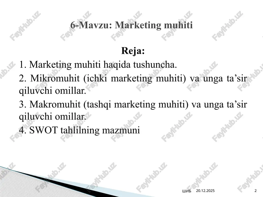 auditoriyalar korxona (firma) 03.10.2024 7 shib marketingni ichki va tashqi sohasi tushunchasi va ularni o’zaro bog’liqligi marketingning bevosita tashqi mikromuhiti tovarlar va xizmatlar bozor tomon harakatlanish kanallari bozordagi joylashish (o’rni) narx va narxni shakllanishi kadrlar ichki holat tahlili 03.10.2024 8 shib ichki omillar (mikromuhit omillari) korxona to’xtovsiz tashqi kuch va omillar ta’siroti ostida o’z faoliyatini olib boradi. ba’zi hollarda ular maqbul imkoniyatlarni, boshqa hollarda esa xavf-xatarni sodir qiladilar. shu bois aytish mumkinki, korxona peshqadamligining istiqboli tovar va xizmatning tegishli marketing muhitiga mosligi bilan ifodalanadi. 2. tashqi marketing muhiti va unga ta’sir qiluvchi omillar 03.10.2024 shib 9 03.10.2024 shib 10 siyosiy omillar iqtisodiy omillar ijtimoiy-madaniy omillar demografik omillar ilmiy-texnik omillar tashqi muhit omillari tabiiy omillar korxonani tahlil qilish uchun qo’llaniladigan swot (inglizcha) kuchli (strength) kuchsiz (weaknegs), imkoniyatlar (opportunites) havflar (threats) ichki va tashqi muhitni birgalikda o’rganishni olib borish imkonini beruvchi keng e’tirof qilingan yondoshuv hisoblanadi. swot usulini qo’llash orqali korxonaga xos …