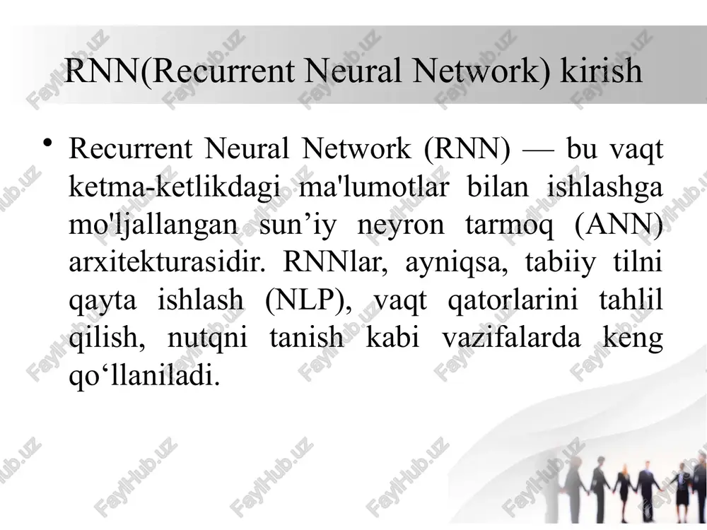 hga mo'ljallangan neyron tarmoq turi. u ma'lumotlar orasidagi vakt bo'yicha bog'liqlikni (temporal dependency) o'rganishga imkon beradi. rnn arxitekturasining asosiy tuzilishi rnn - bu matnni bir tildan ikkinchi tilga tarjima qilish kabi ketma-ket ma'lumotlar to'plamlarida transformatsiyalarni amalga oshiradigan ko'plab o'zaro bog'langan komponentlardan iborat dasturiy ta'minot tizimi. hozirda rnnlar asosan transformerga asoslangan sunʼiy intellekt va katta til modellari (llm) bilan almashtirilmoqda, ular ketma-ket maʼlumotlar toʻplamlarini qayta ishlashda ancha samaraliroq. takroriy neyron tarmoq qanday ishlaydi? takroriy neyron tarmoq qanday ishlaydi? rnn murakkab vazifalarni bajarish uchun birgalikda ishlaydigan neyronlar yoki ma'lumotlarni qayta ishlash tugunlaridan iborat. neyronlar kirish, chiqish va bir nechta yashirin qatlamlar bo'ylab taqsimlanadi. kirish qatlami qayta ishlanishi kerak bo'lgan ma'lumotni oladi va chiqish qatlami natijani qaytaradi. ma'lumotlarni qayta ishlash, tahlil qilish va prognozlash yashirin qatlamlarda sodir bo'ladi. takroriy neyron tarmoq (rnn) takroriy neyron tarmoq (rnn) - bu ketma-ket kirish ma'lumotlar to'plamini ketma-ket chiqish ma'lumotlar to'plamiga qayta ishlash va aylantirish uchun o'rgatilgan chuqur …
