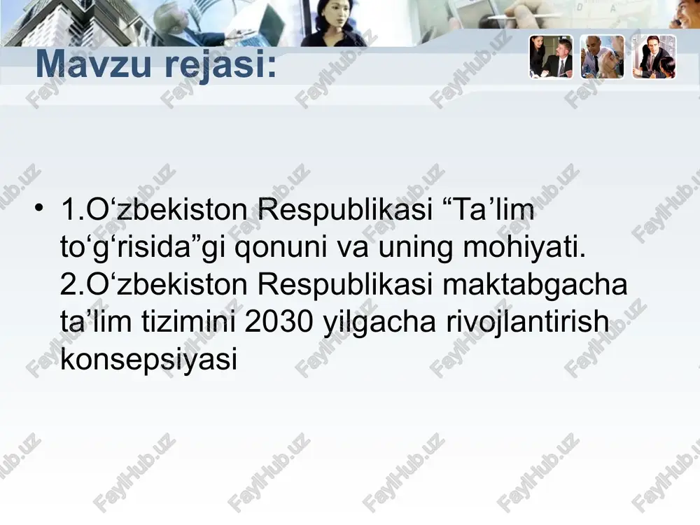 itishlarga yo'l qo'yilmasligi; ta'lim olishga doir teng imkoniyatlarning ta'minlanishi; ta'lim va tarbiyaga milliy hamda umuminsoniy qadriyatlarning singdirilganligi; ta'lim va tarbiyaning insonparvarlik, demokratik xususiyati; ta'limning uzluksizligi va izchilligi; o'n bir yillik ta'limning hamda olti yoshdan etti yoshgacha bo'lgan bolalarni bir yil davomida umumiy o'rta ta'limga tayyorlashning majburiyligi; davlat ta'lim standartlari va davlat ta'lim talablari doirasida ta'lim olishning hamma uchun ochiqligi; o'quv dasturlarini tanlashga doir yondashuvning yagonaligi va tabaqalashtirilganligi; insonning butun hayoti davomida ta'lim olishi; jamiyatda pedagoglarni ijtimoiy himoya qilishning kafolatlanganligi; ta'lim tizimining dunyoviy xususiyatga egaligi; bilimlilik, qobiliyatlilik va iste'dodning rag'batlantirilishi; ta'lim tizimida davlat va jamoat boshqaruvining uyg'unligi; ta'lim faoliyati sohasidagi ochiqlik va shaffoflik. 2-bob. ta'lim tizimi, turlari va shakllari 6-modda. ta'lim tizimi ta'lim tizimi: davlat ta'lim standartlarini, davlat ta'lim talablarini, o'quv rejalari va o'quv dasturlarini; davlat ta'lim standartlarini, davlat ta'lim talablari va o'quv dasturlarini amalga oshiruvchi ta'lim tashkilotlarini; ta'lim sifatini baholashni amalga oshiruvchi tashkilotlarni; ta'lim tizimining faoliyat ko'rsatishi va rivojlanishini ta'minlash …