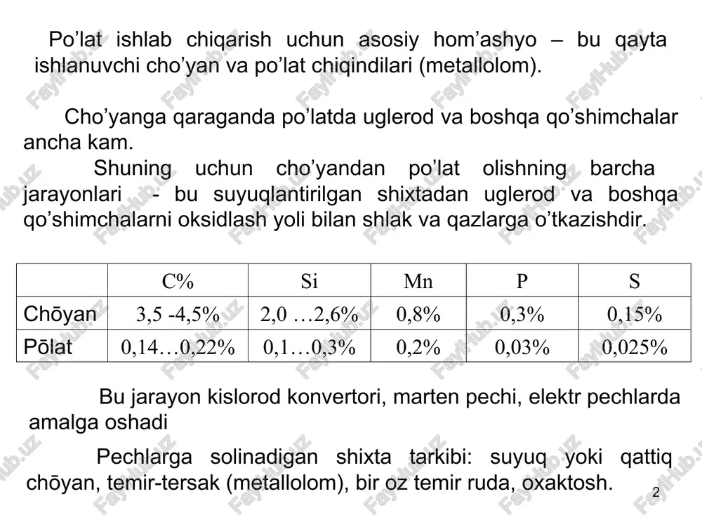 ich. uglerodni oksidlanishi (vannani qaynashi) temperanura qo’tarilishi bilan uglerod oksidlanib boshlaydi: feo+ c = fe + co↑ uglerodni oksidlash uchun metallga bir oz ruda qo’shiladi yoki kislorod beriladi. co pufakchalkari suyuq metalldan chiqib vannani «qaynatganday bo’ladi». * «qaynash» natijasida metallda uglerod miqdori kerakli miqdorgacha yetadi, temperatura butun vanna hajmi bo’yicha tekislanadi, pufakchalarga yopishkan nometall qo’shimchalar va gazlar chiqib ketadi. bular hammasi metall sifatini oshiradi. demak bu bosqich – po’lat olish jarayonida asosiy hisoblanadi. bu bosqichda oltin gugurtni ham yo’qotish uchun sharoitlar yaratiladi. oltin gugurt po’latda sulfid (fes) ko’rinishda bo’ladi. bu sulfid shlakda ham erigan bo’ladi. temperatura qancha yuqori bo’lsa, shlakda shuncha ko’p (fes) eriydi va kaltsiy oksidi bilan reaktsiyaga kirishadi : fes+cao=cas+feo paydo bo’lgan birikma shlakda eriydi, lekin po’latda erimaydi, natijada oltin gugurt shlakka chiqib ketadi. * 3 bosqich. temirni oksiddan qaytqrish temirda erigan feo ni fe gacha qaytarish – muhim jarayon, chunki eritish boshida qo’shimchalarni qaytarish uchun feo dagi …