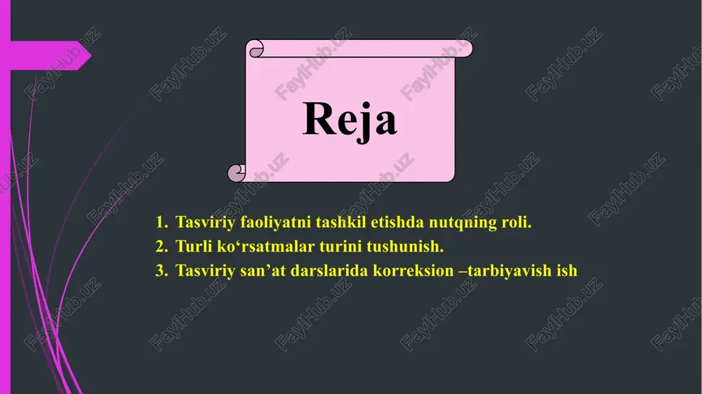 tish materiali bilan tanishish turli shakllarini qirqa olish malakalarini egallash, ularni ma'lum tartibda joylashtirish obraz va syujetga mos ravishda yopishtirishni taxmin qiladi. applikatsiyaga o’rgatish bolalarni qabul qilish jarayonini o’stirishga asoslanadi. shakl, xajm, rang, predmetni o’zaro munosabatlari haqidagi taasurotlarini boyitish bolalarni dars davomida fikrlash tasavvurini ishlashiga yordam beradi. tasviriy faoliyat darsi davomida tevarak atrofdagi muhitni bilish, fasllardagi o’simliklarni o’zgarishini kuzatishadi va bilib olishadi. adabiyotlar ro`yxati n.yu. yusupova, m.u. xamidova “tasviriy san’at va qo’l mehnatiga o’qitish maxsus metodikasi” “fan va texnologiya” toshkent 2018 y. 105-110 betlar. n.a. gritsuk, a.r. kiseleva” prepodovanie izobrazitelnogo iskustva v shkole dlya detey s narusheniyami sluxa”. uchebnoe posobie minsk-2006. 14-58str.,64-128str. e`tiboringiz uchun raxmat image1.jpg image2.jpeg image3.png [1 /docprops/thumbnail.jpeg